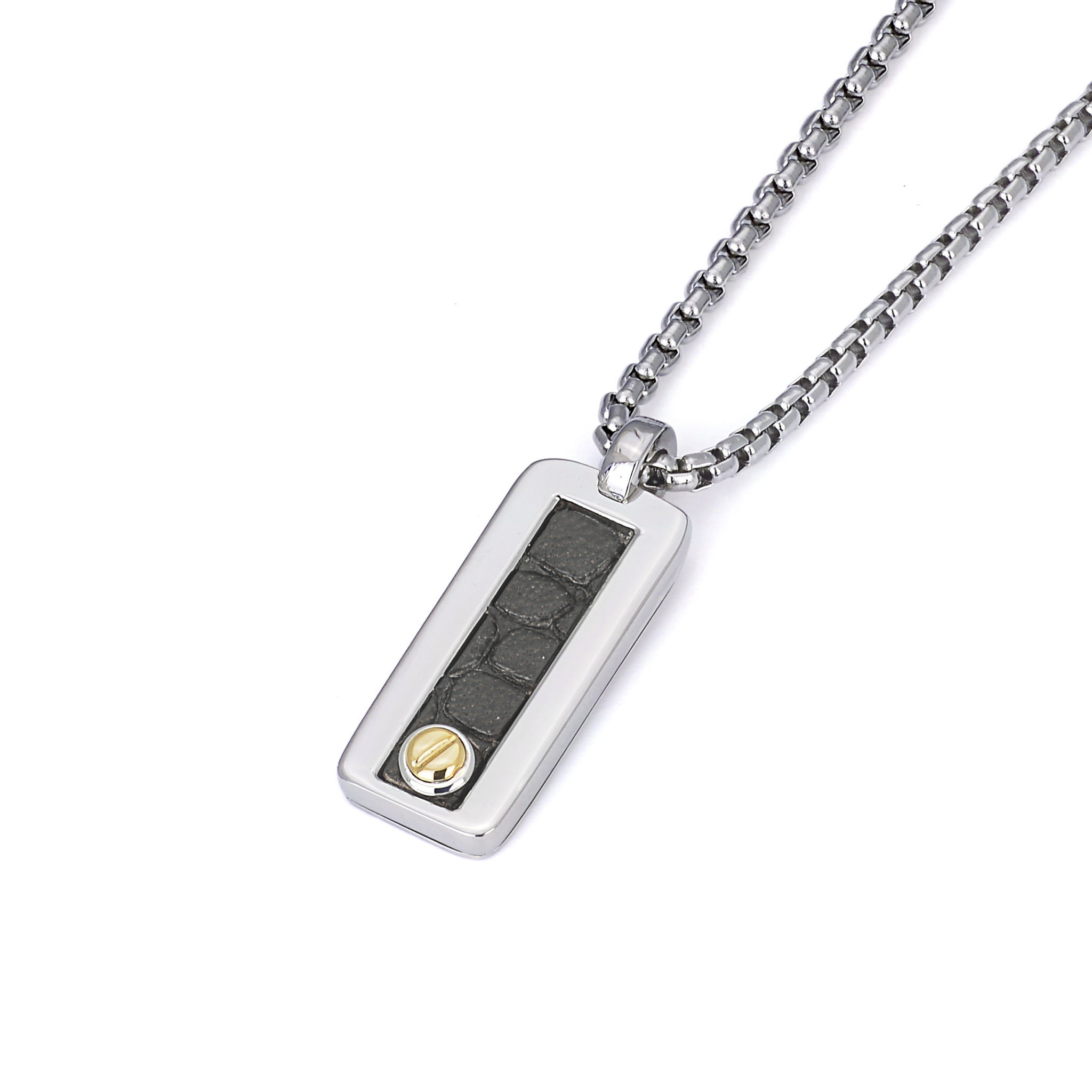 Collana in acciaio con cuoio nero texture e vite in oro 18 kt (gr 0.03)