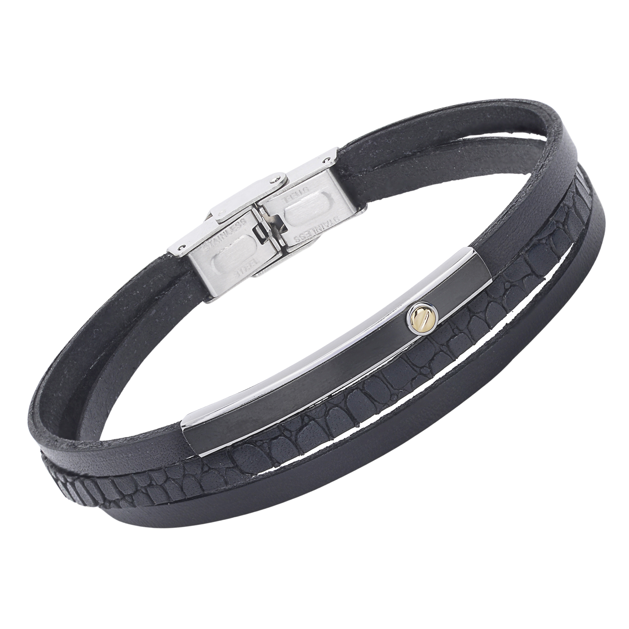 Bracciale in acciaio e cuoio nero con texture a fasce e vite in oro 18 kt (gr 0.03)