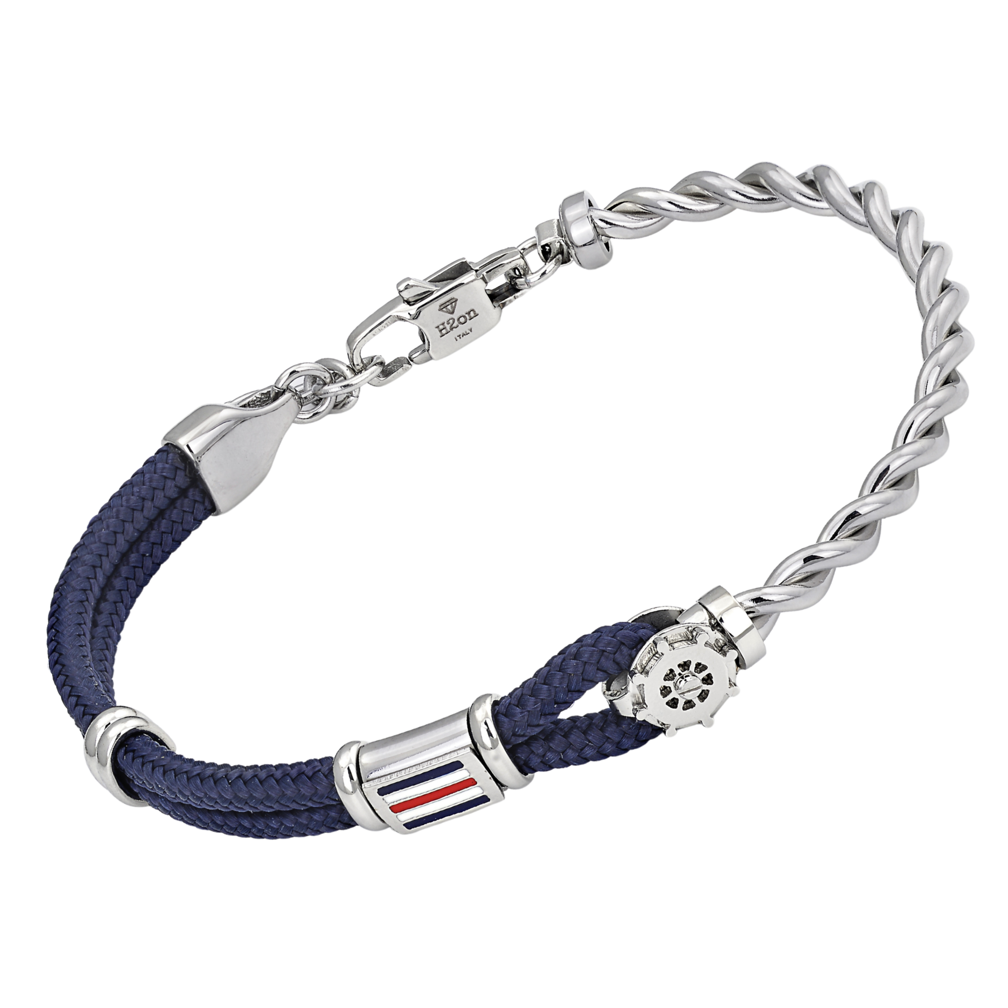Bracciale in acciaio con corda nautica blu, timone e bandiera smaltata