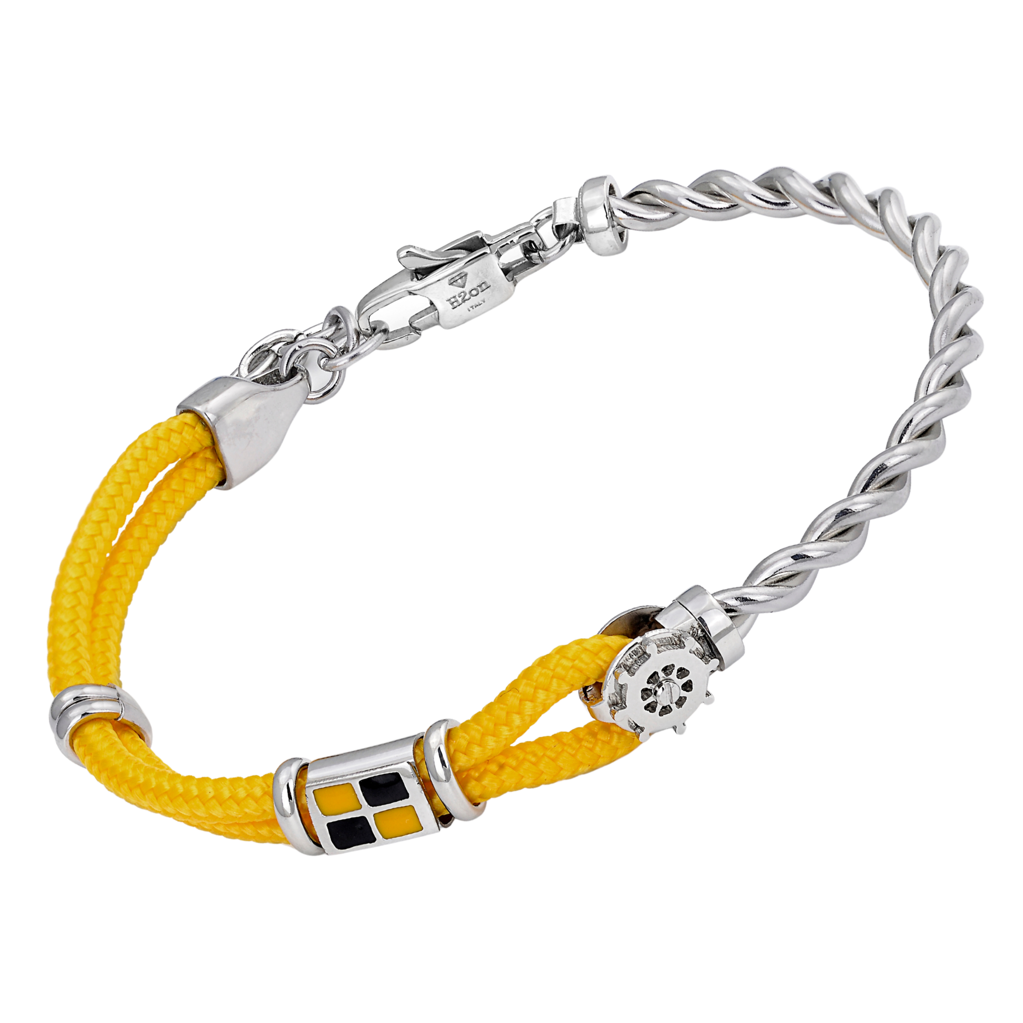 Bracciale in acciaio con corda nautica gialla, timone e bandiera smaltata