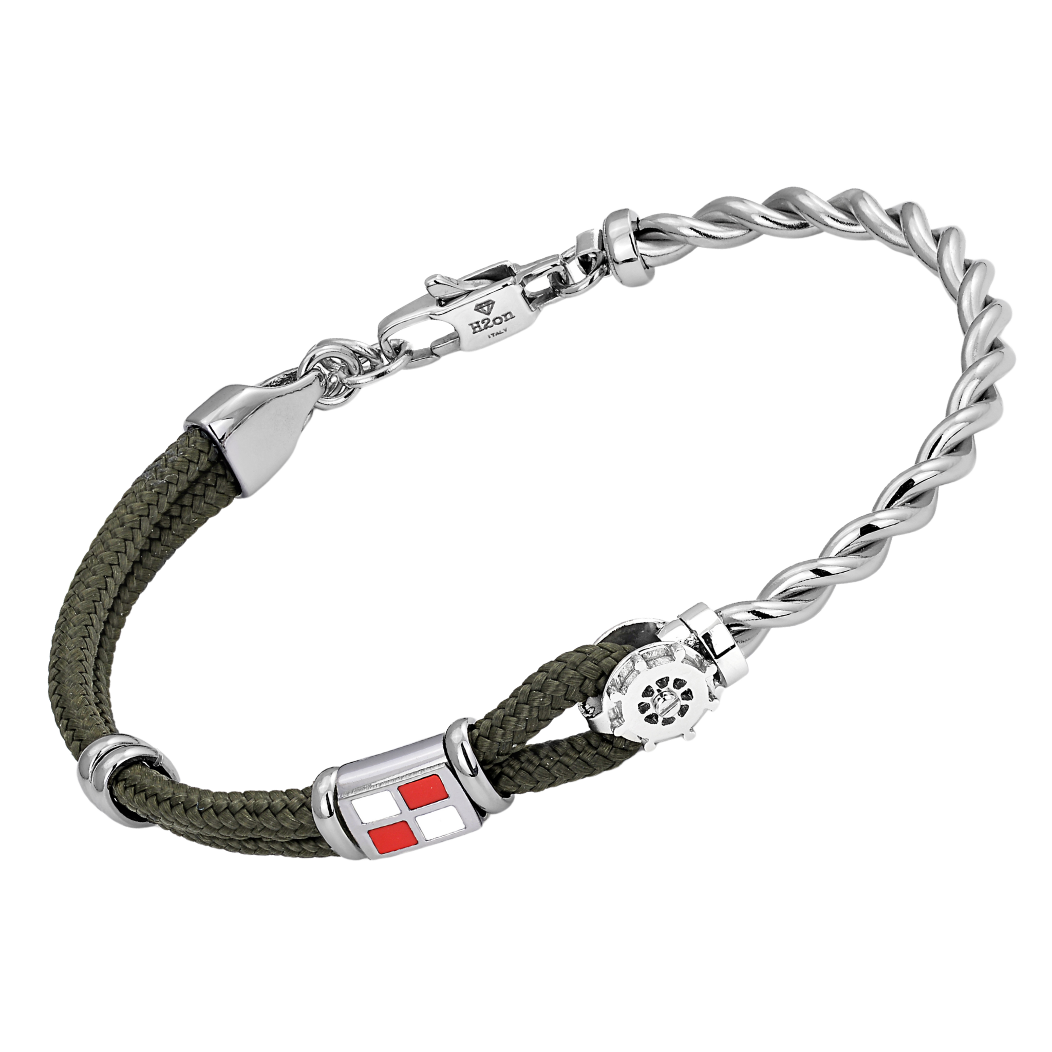 Bracciale in acciaio con corda nautica verde militare, timone e bandiera smaltata