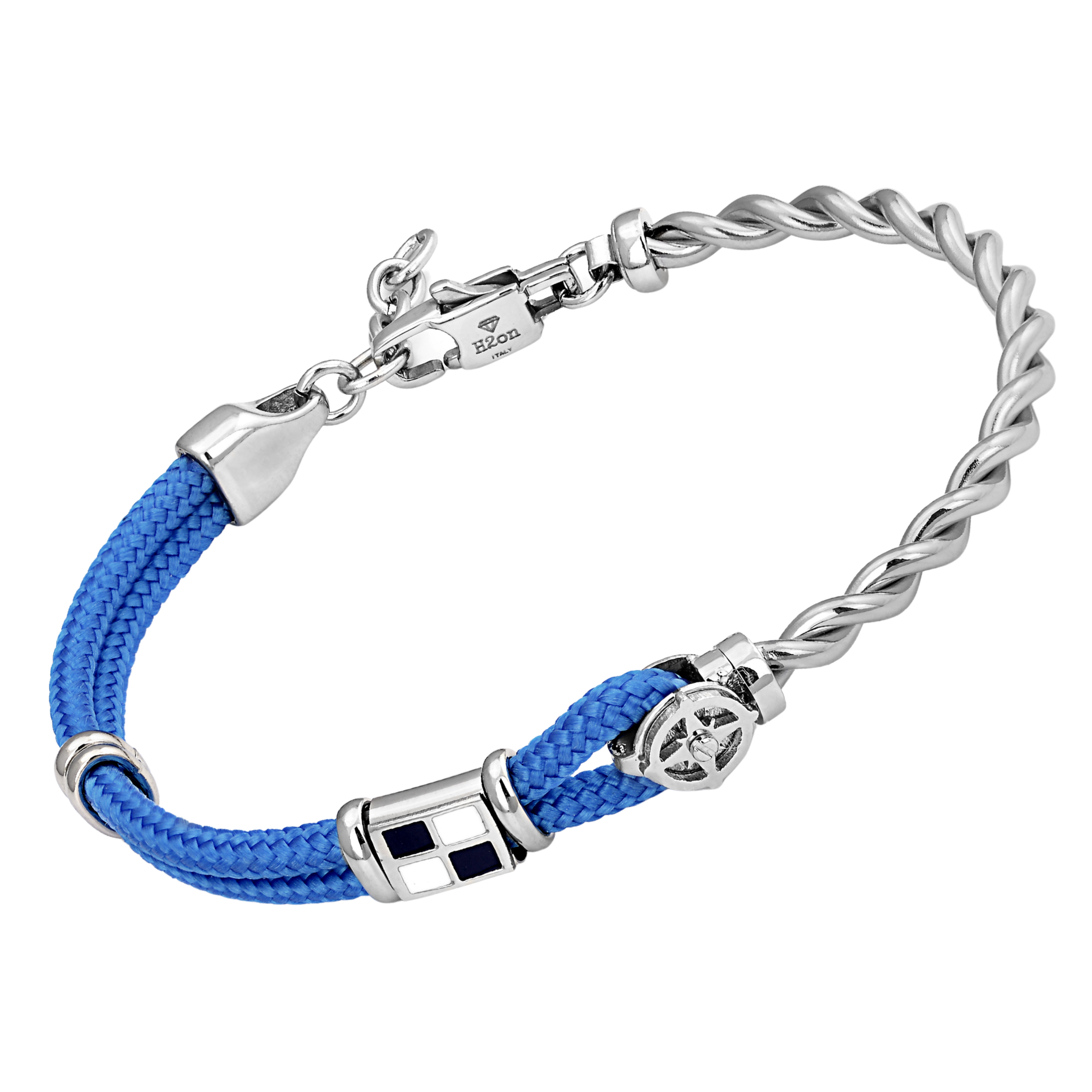 Bracciale in acciaio con corda nautica azzurra, rosa dei venti e bandiera smaltata