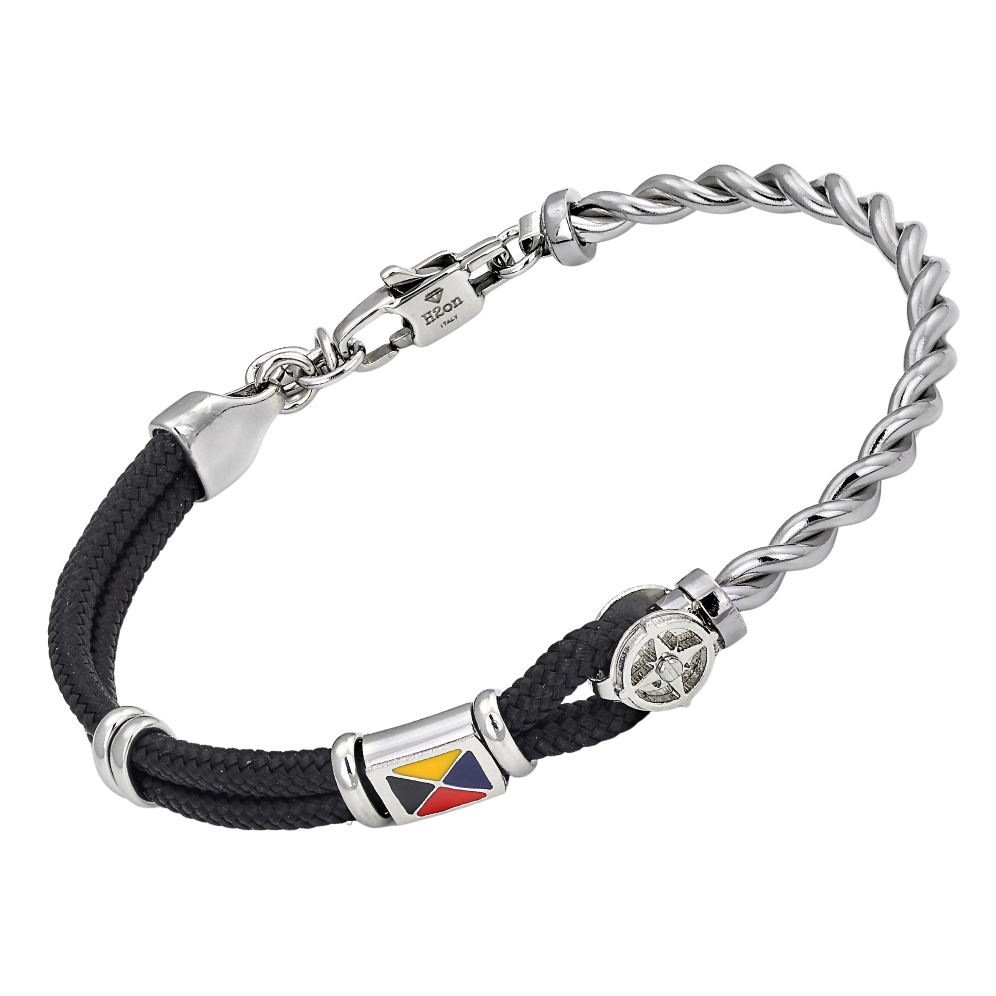 Bracciale in acciaio con corda nautica nera, rosa dei venti e bandiera smaltata