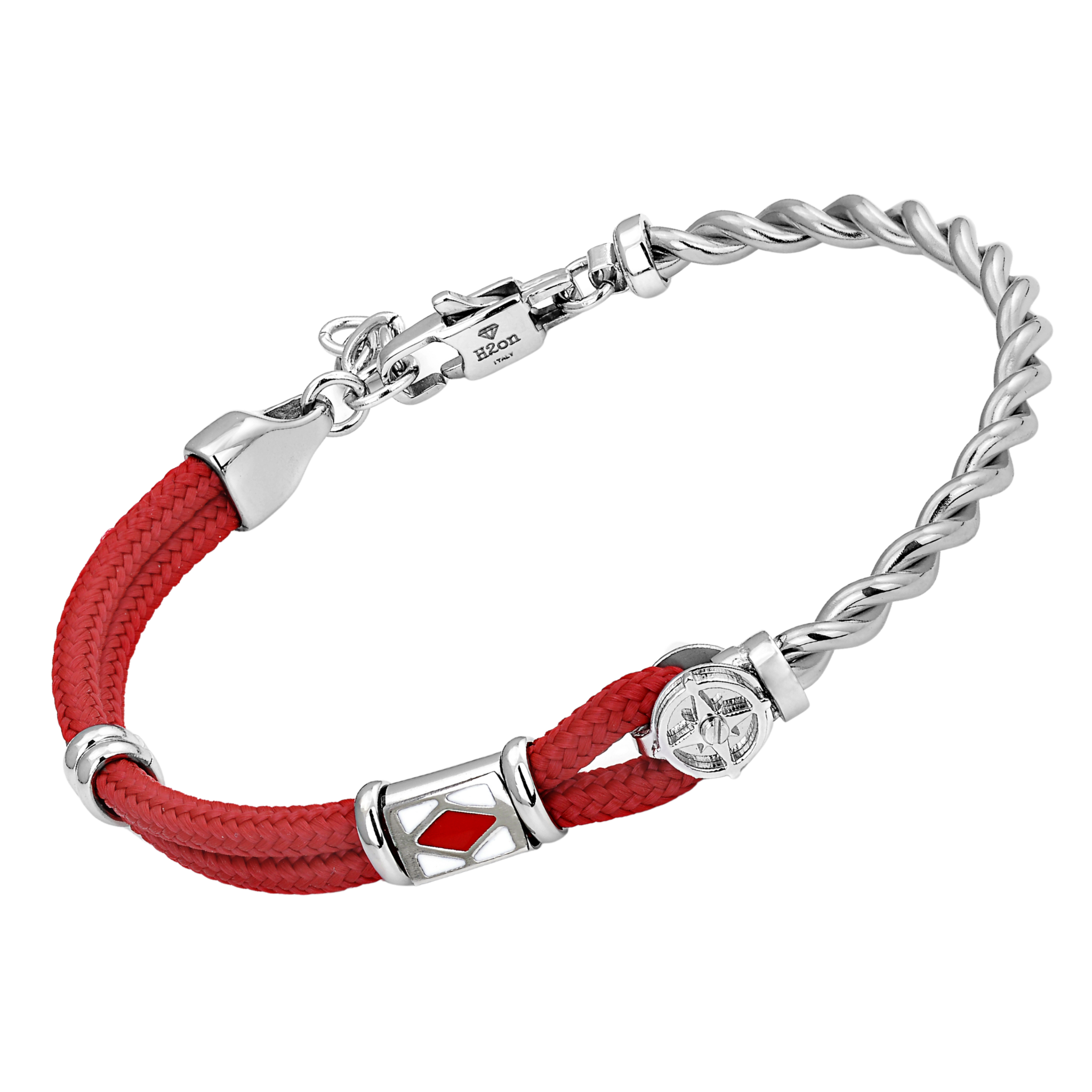Bracciale in acciaio con corda nautica rossa, rosa dei venti e bandiera smaltata