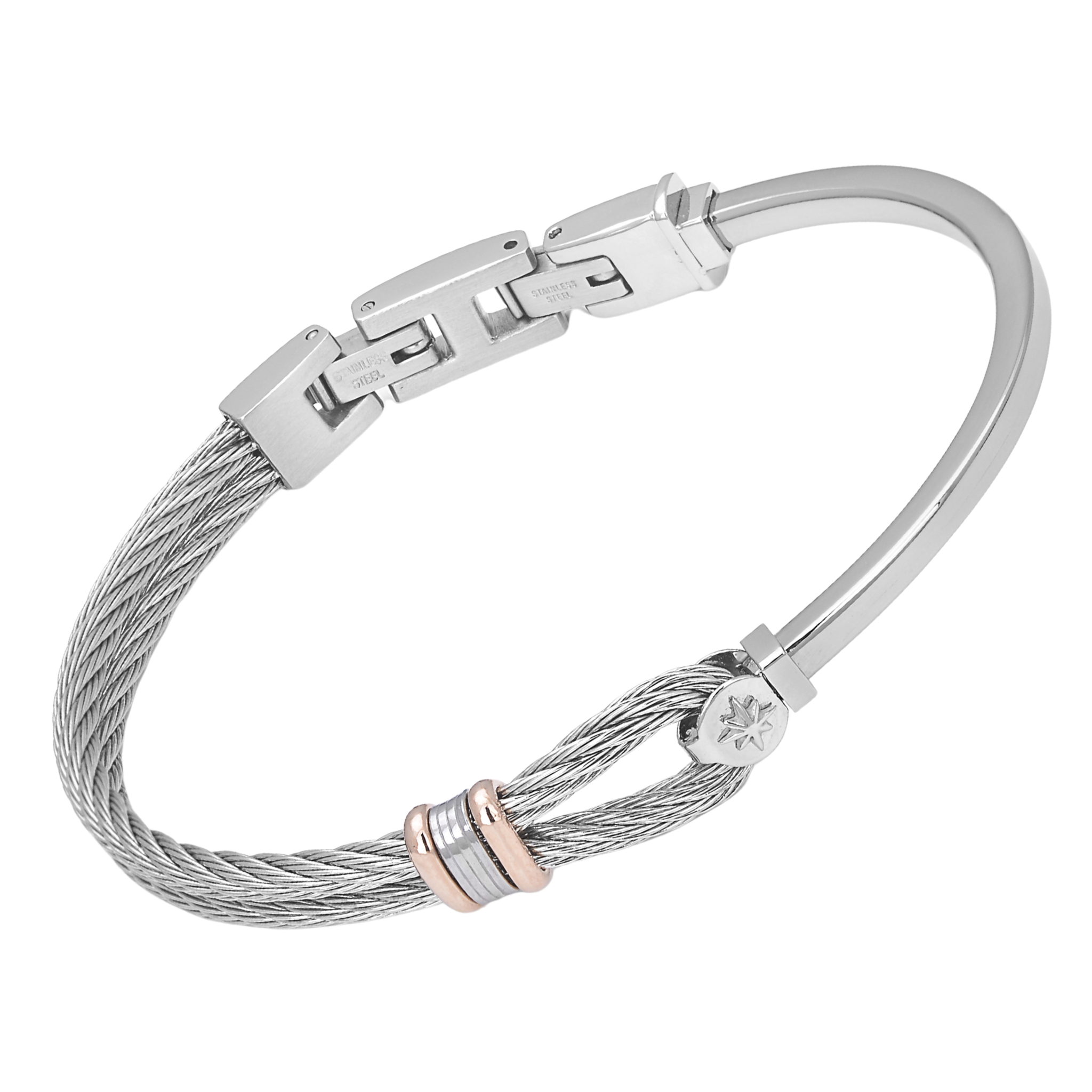 Bracciale in acciaio e cavetto con maglie rosé e rosa dei venti
