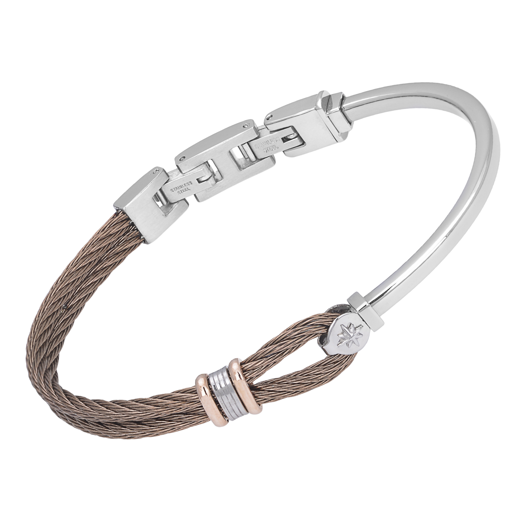 Bracciale in acciaio e cavetto PVD marrone con maglie rosé e rosa dei venti