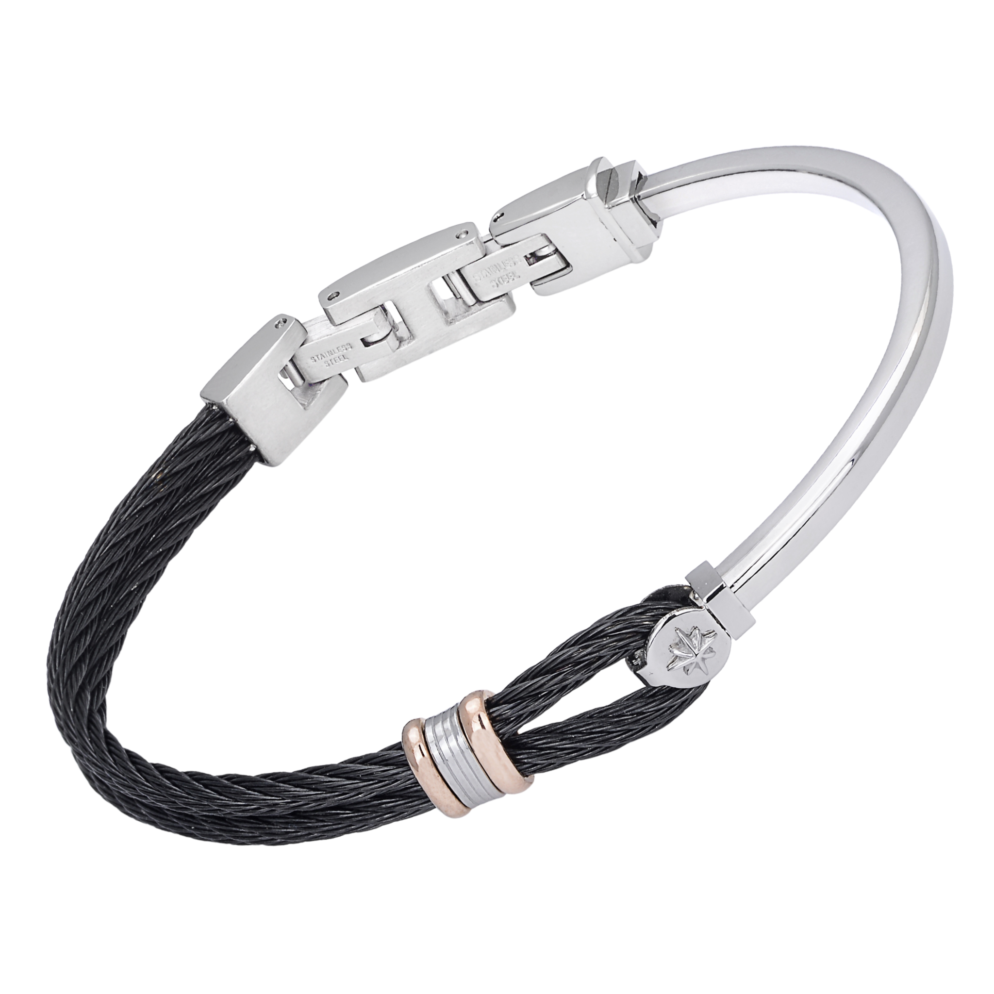 Bracciale in acciaio e cavetto PVD nero con maglie rosé e rosa dei venti