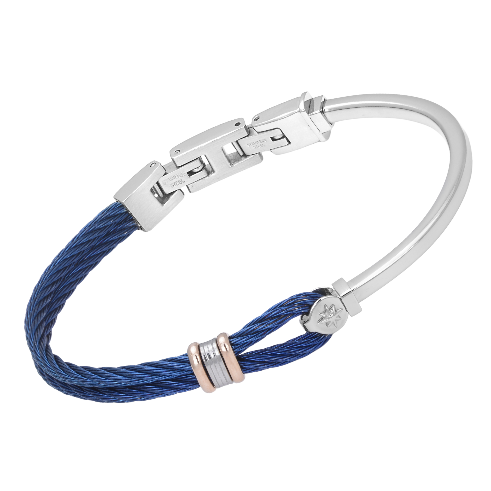 Bracciale in acciaio e cavetto PVD blu con maglie rosé e rosa dei venti
