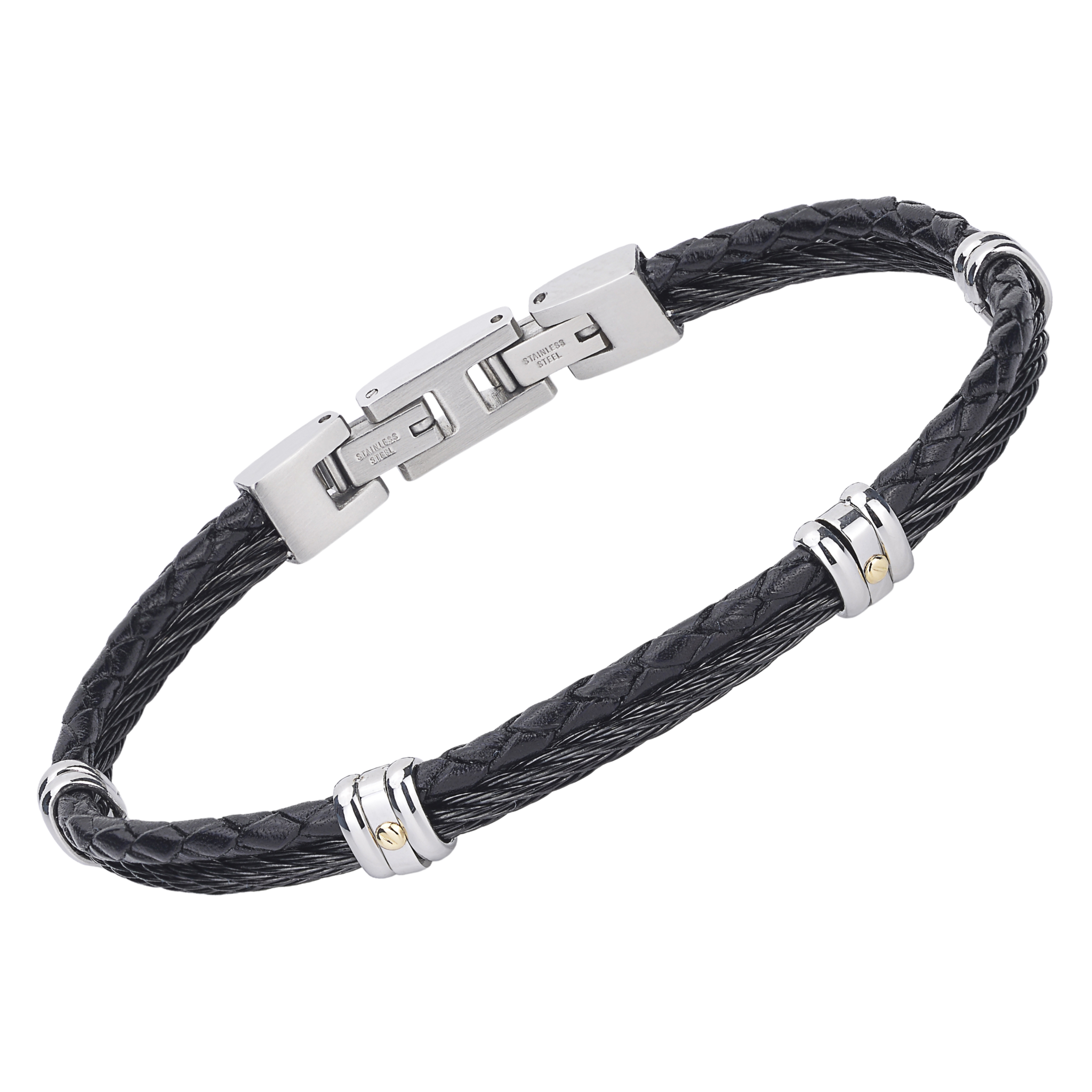 Bracciale in acciaio con cavetto in PVD nero e cuoio con viti in oro 18 Kt (gr 0.04)