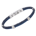 Bracciale in acciaio con cavetto in PVD blu e cuoio con viti in oro 18 Kt (gr 0.04)
