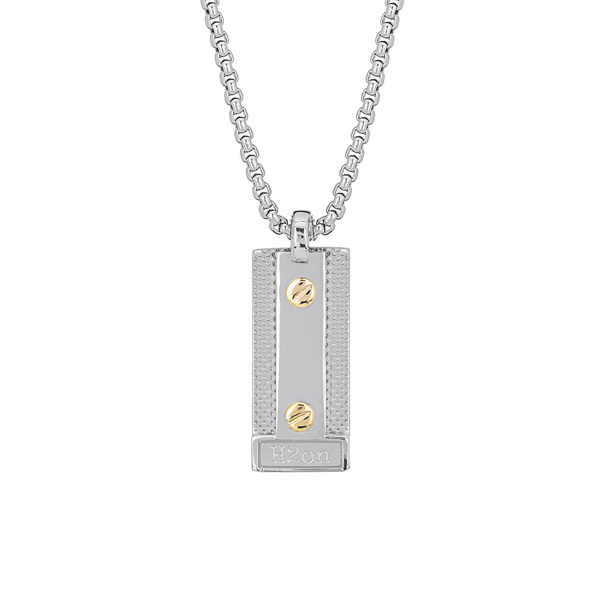 Collana con pendente in acciaio, piastra godronata e 2 viti in oro 18 kt (gr 0.06)