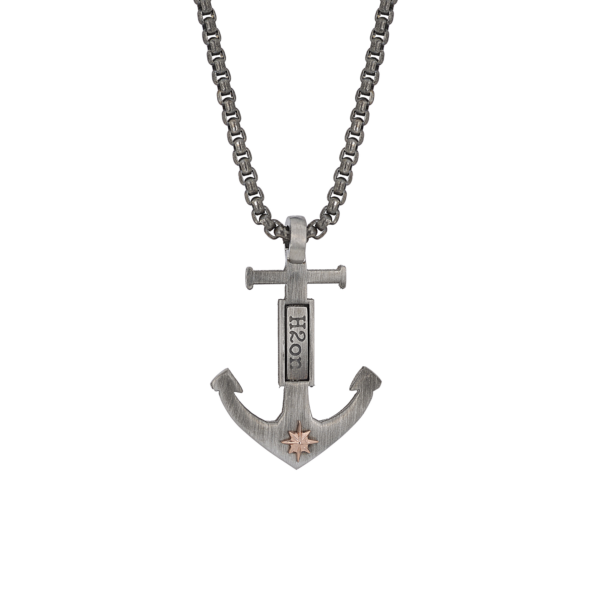 Collana con pendente ancora in acciaio brunito e stella polare rosè