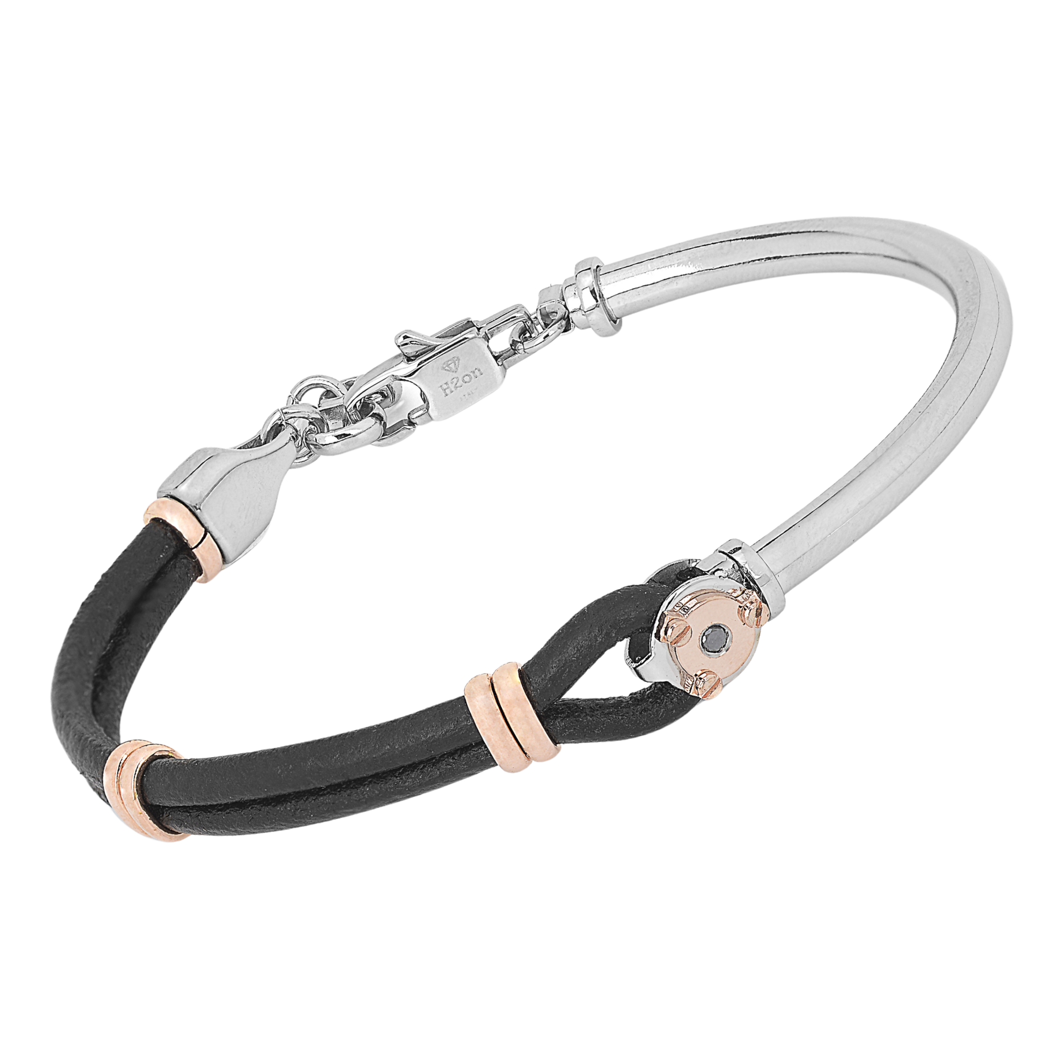 Bracciale semirigido in acciaio con cuoio nero e Diamante Black 0,025 ct