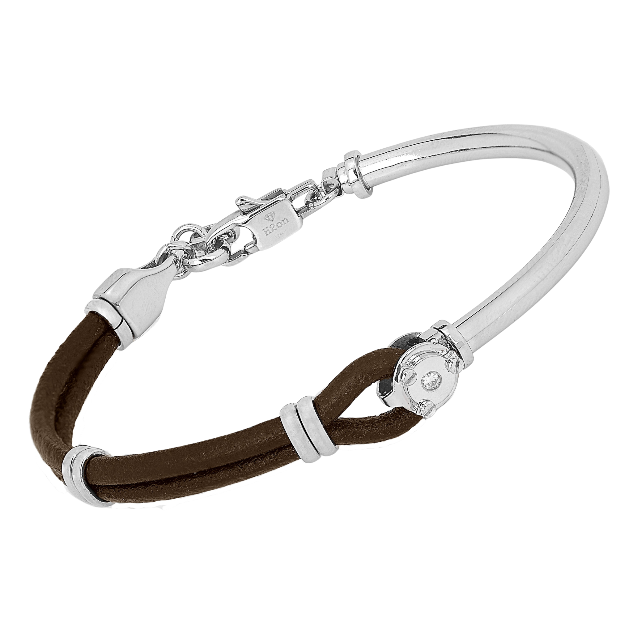 Bracciale semirigido in acciaio con cuoio marrone e Diamante Naturale (0,015 ct)