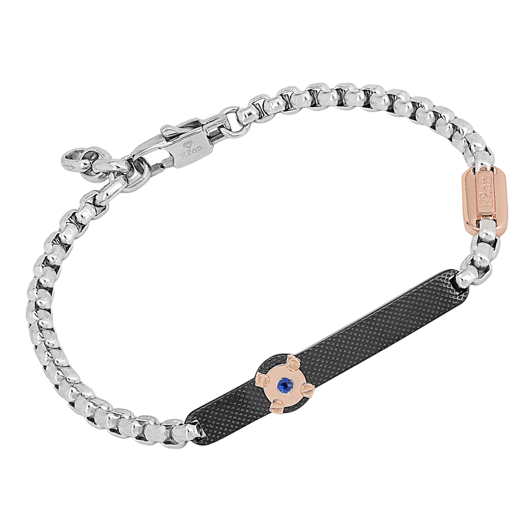 Bracciale in acciaio con catena e piastra godronata in PVD nero e Zaffiro Naturale 0,032 ct