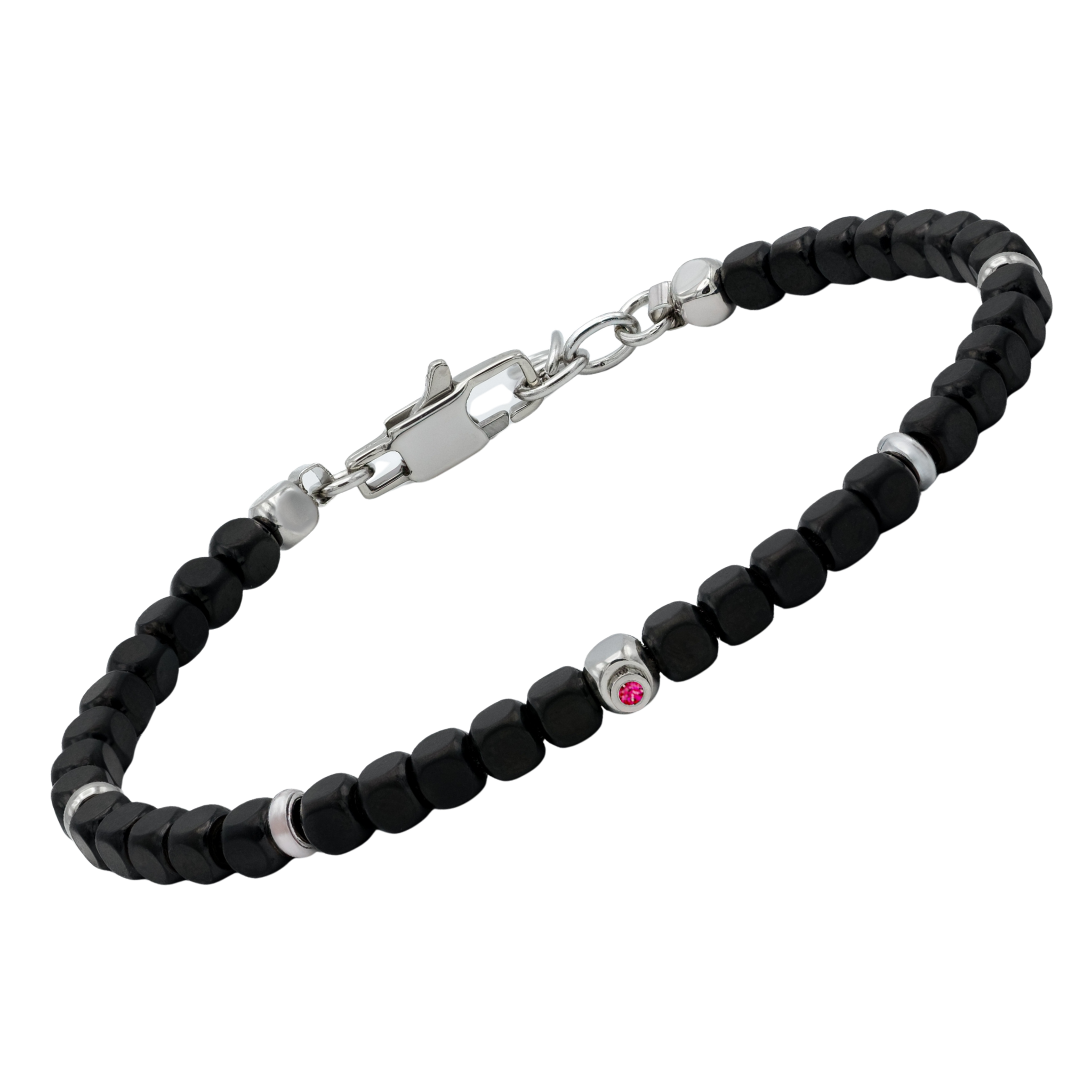 Bracciale in acciaio con cubi in PVD nero e Rubino Naturale (0,027 ct)