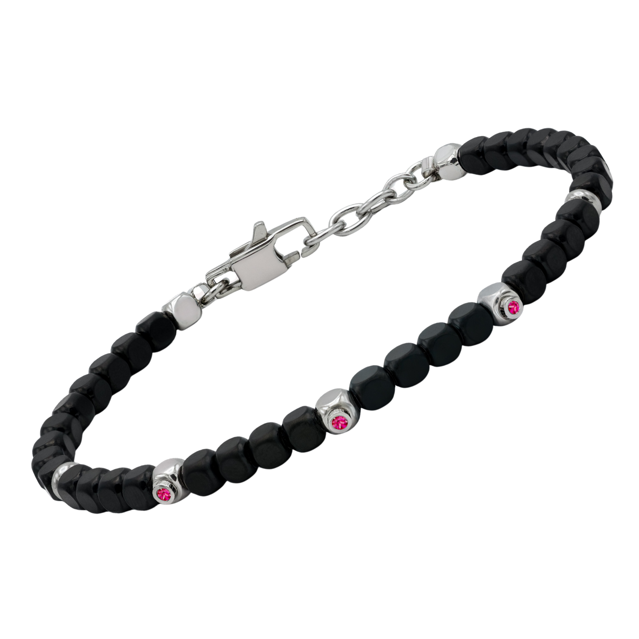Bracciale in acciaio con cubi in PVD nero e Rubini Naturali (3 x 0,027 ct)