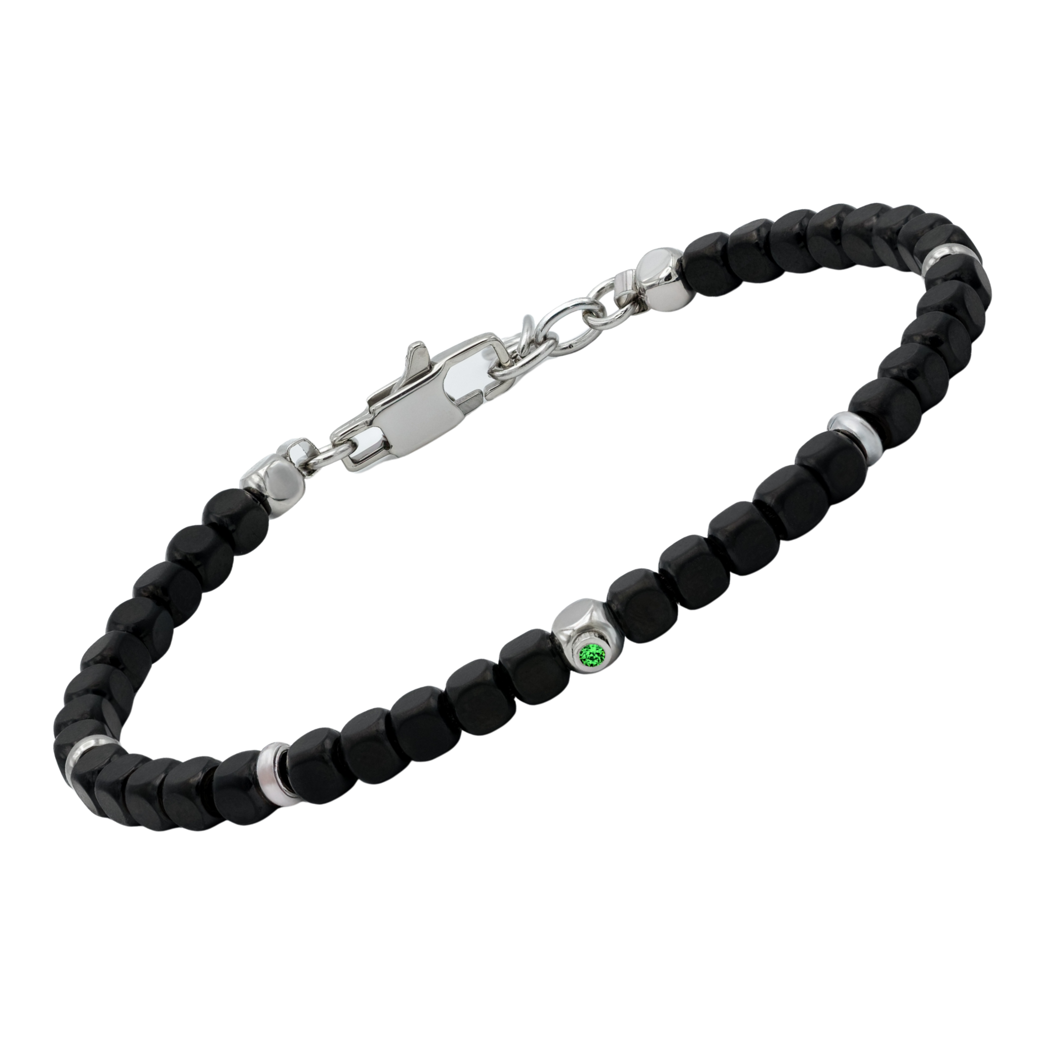 Bracciale in acciaio con cubi in PVD nero e Smeraldo Naturale (0,024 ct)