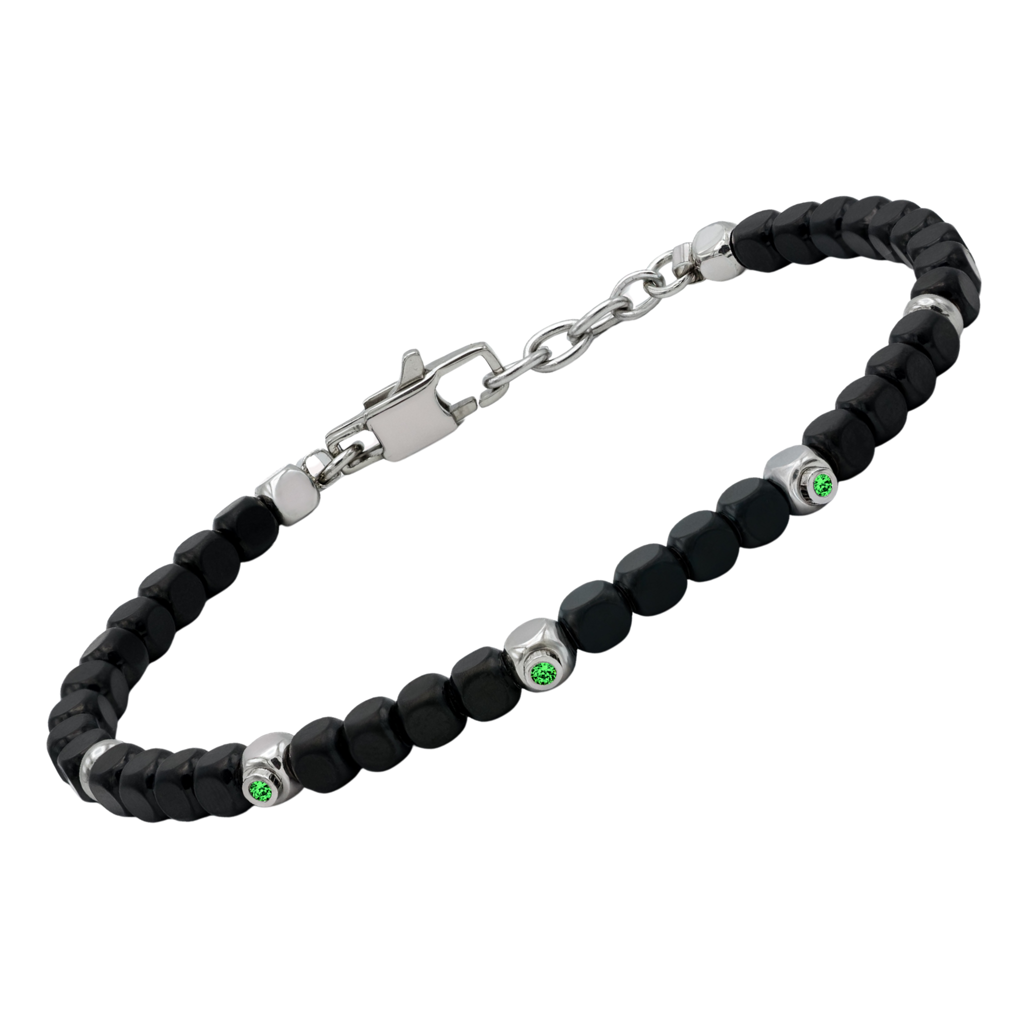 Bracciale in acciaio con cubi in PVD nero e Smeraldi Naturali (3 x 0,024 ct)