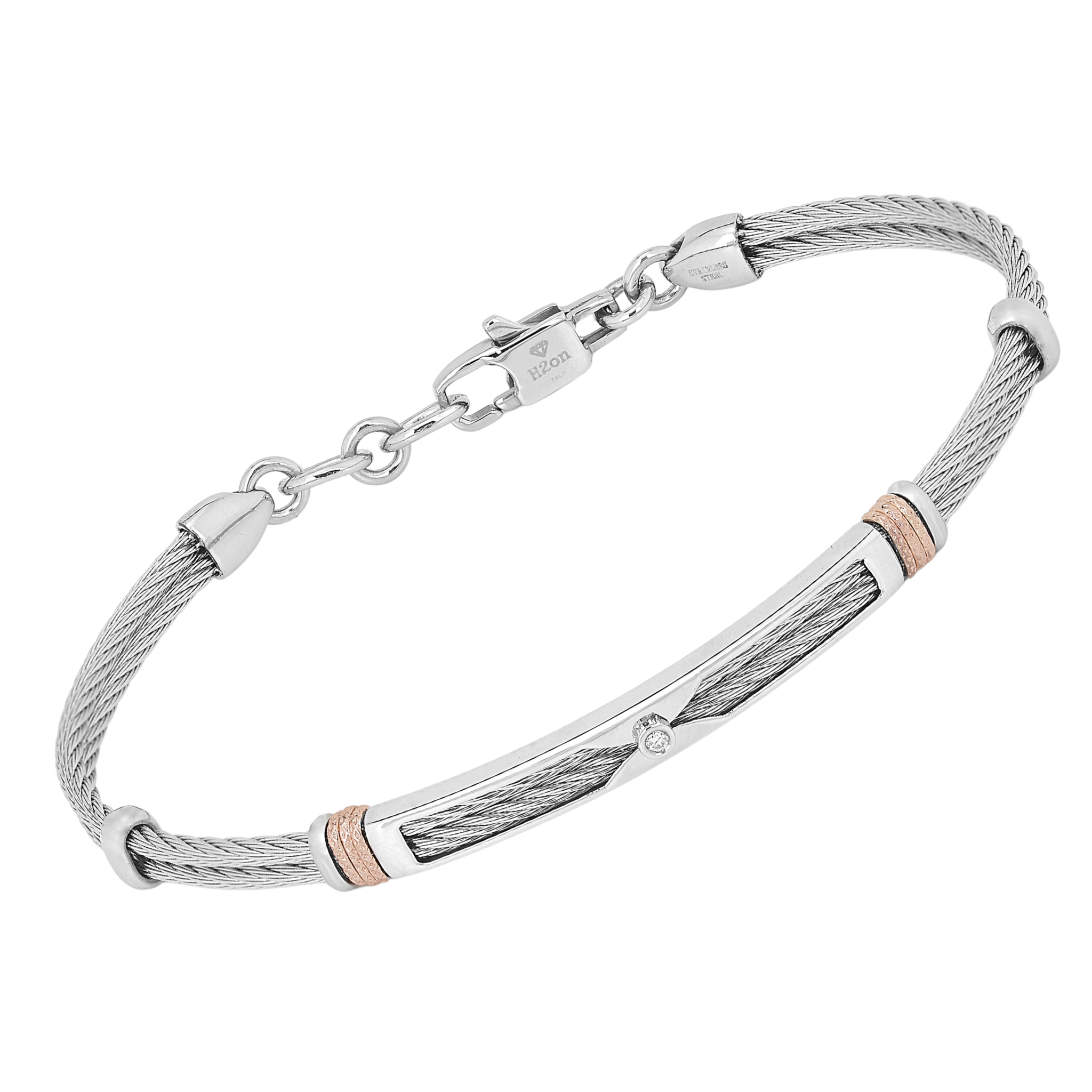 Bracciale cavetto in acciaio con maglie rosè godronate e Diamante Naturale 0,015 ct
