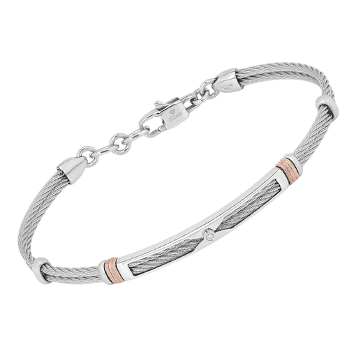 Bracciale cavetto in acciaio con maglie rosè godronate e Diamante Naturale 0,015 ct