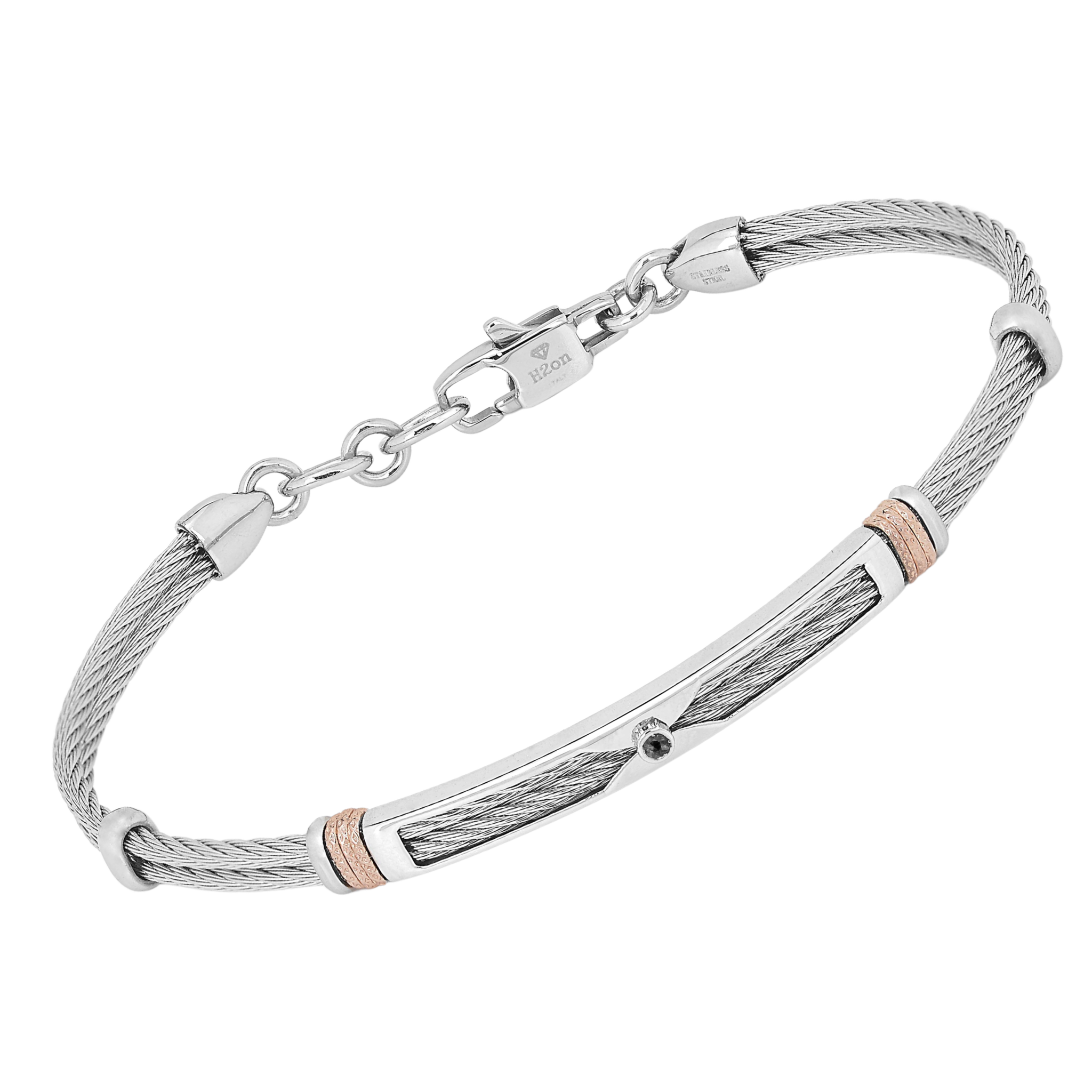 Bracciale cavetto in acciaio con maglie rosè godronate e Diamante Black (0,025 ct)