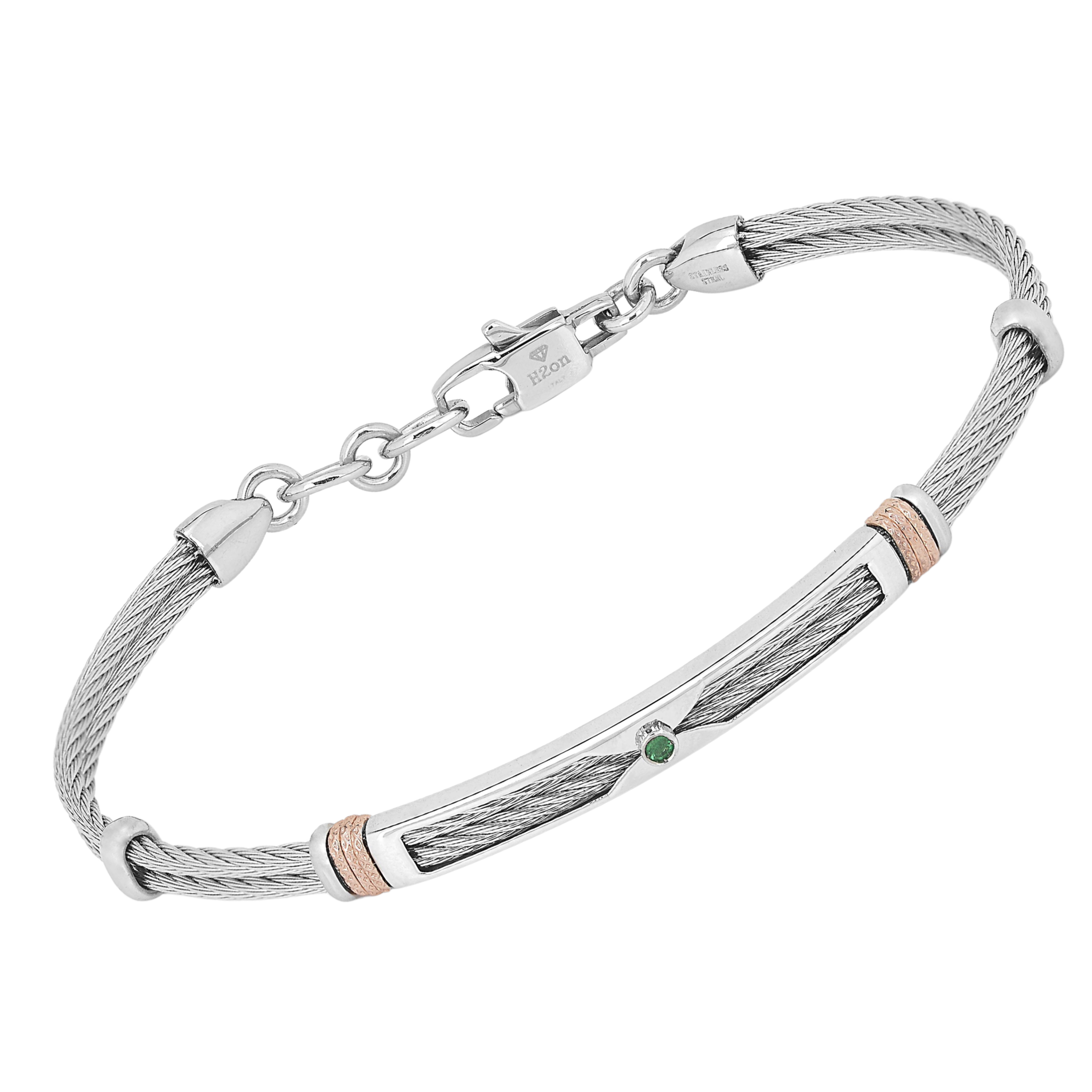 Bracciale cavetto in acciaio con maglie rosè godronate e Smeraldo Naturale (0,024 ct)