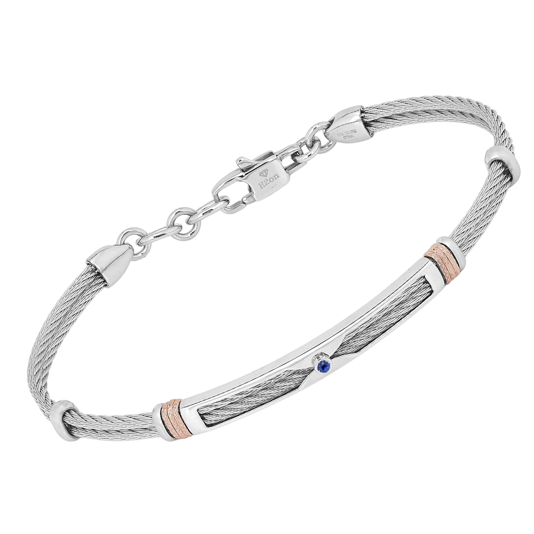 Bracciale cavetto in acciaio con maglie rosè godronate e Zaffiro Naturale (0,032 ct)
