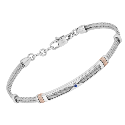 Bracciale cavetto in acciaio con maglie rosè godronate e Zaffiro Naturale (0,032 ct)