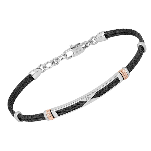 Bracciale cavetto in acciaio PVD nero con maglie rosè godronate e Diamante Naturale 0,015 ct