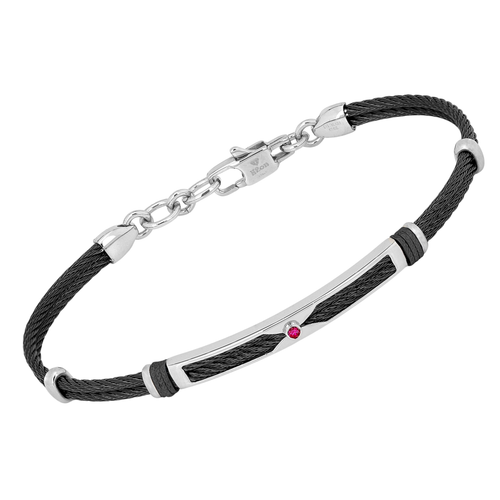 Bracciale cavetto in acciaio PVD nero con maglie rosè e Rubino Naturale (0,027 ct)
