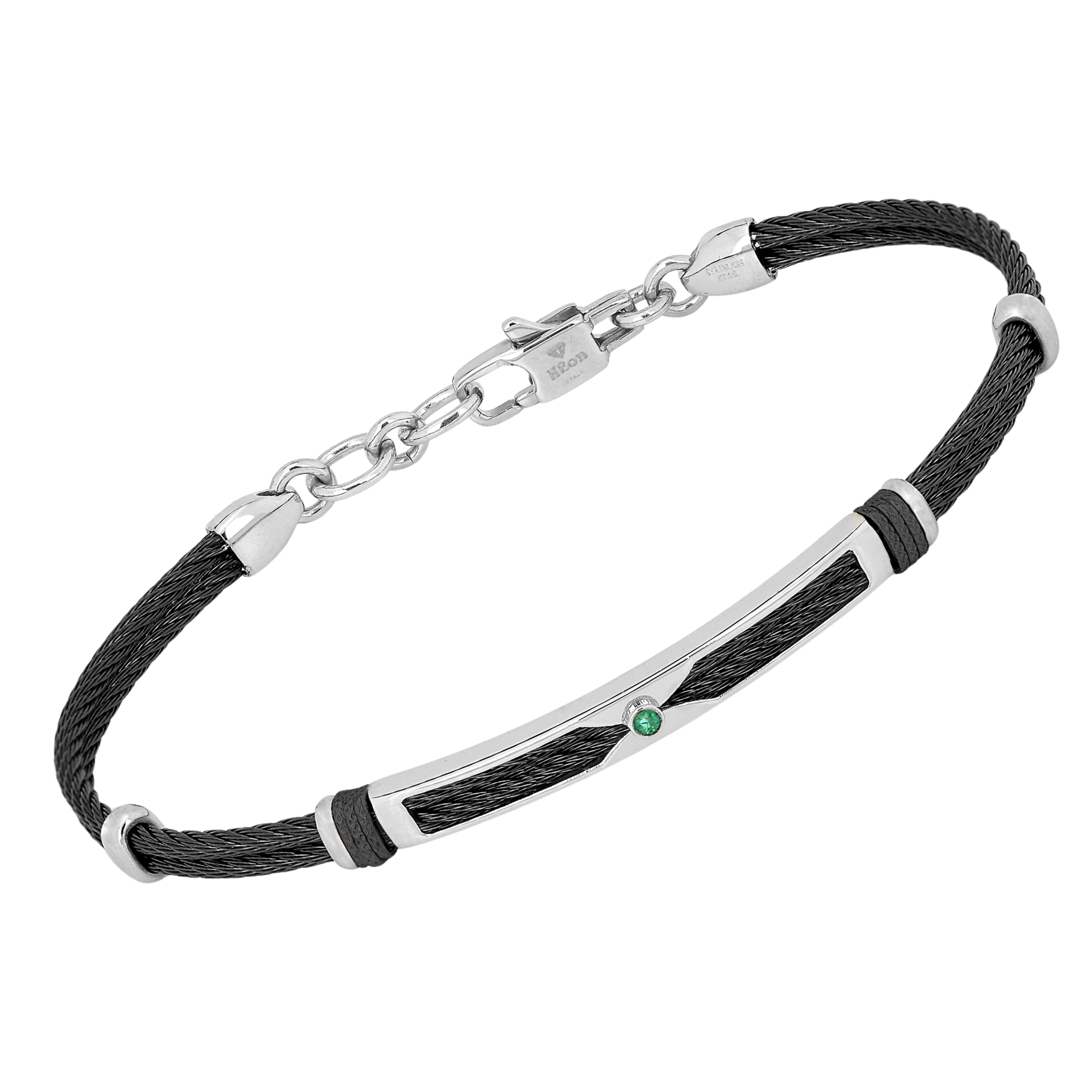 Bracciale cavetto in acciaio PVD nero con maglie rosè e Smeraldo Naturale (0,024 ct)