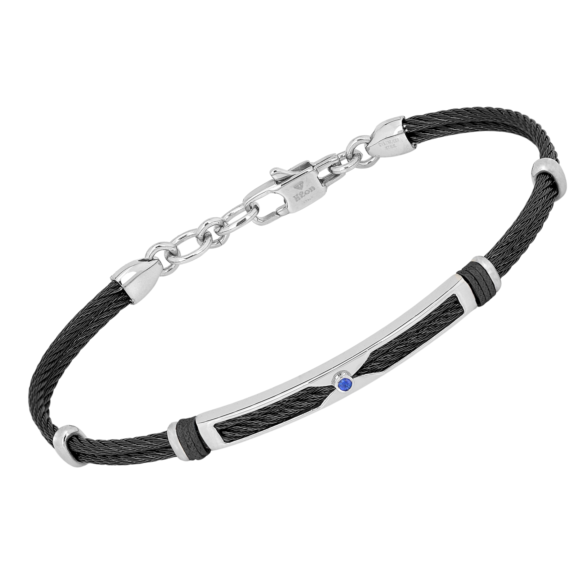 Bracciale cavetto in acciaio PVD nero con maglie rosè e Zaffiro Naturale (0,032 ct)