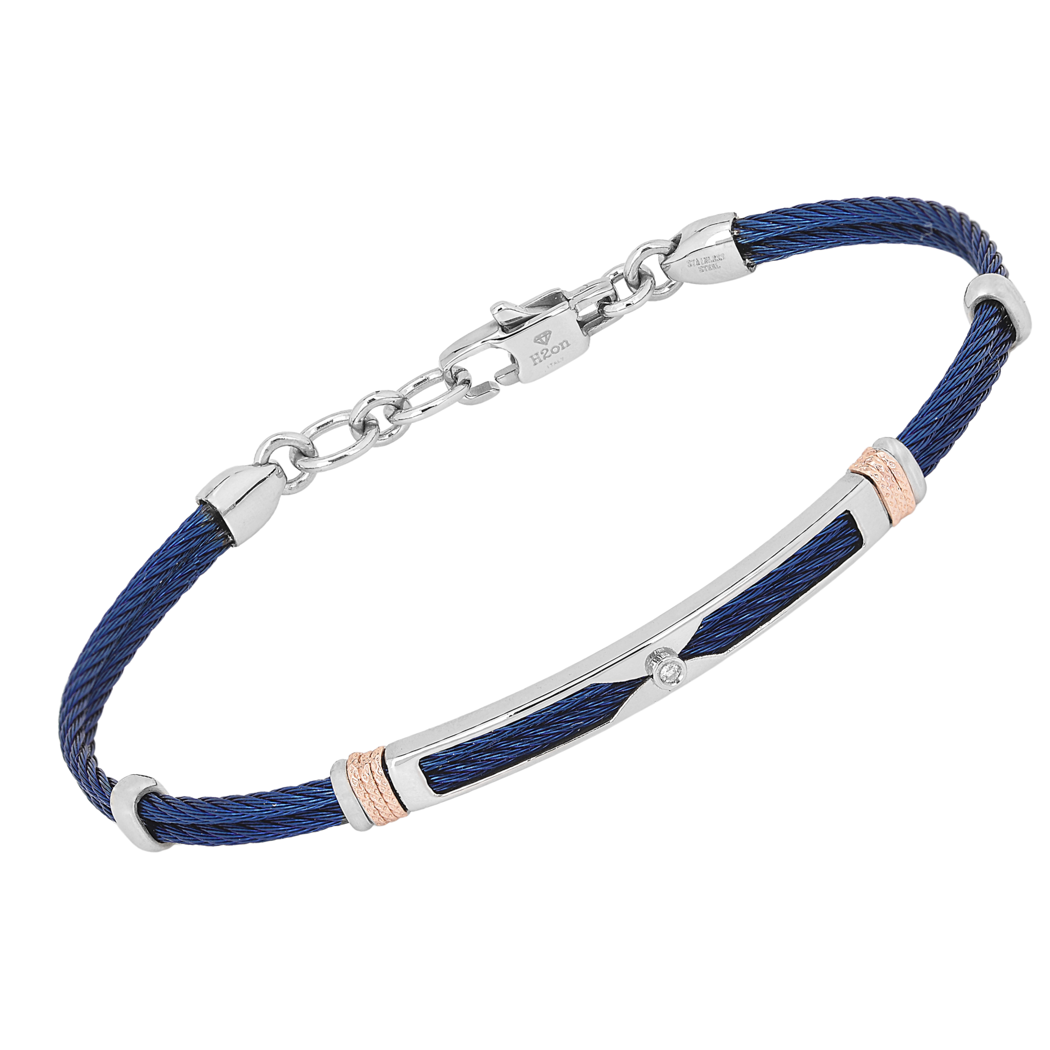 Bracciale cavetto in acciaio PVD blu con maglie rosè godronate e Diamante Naturale 0,015 ct