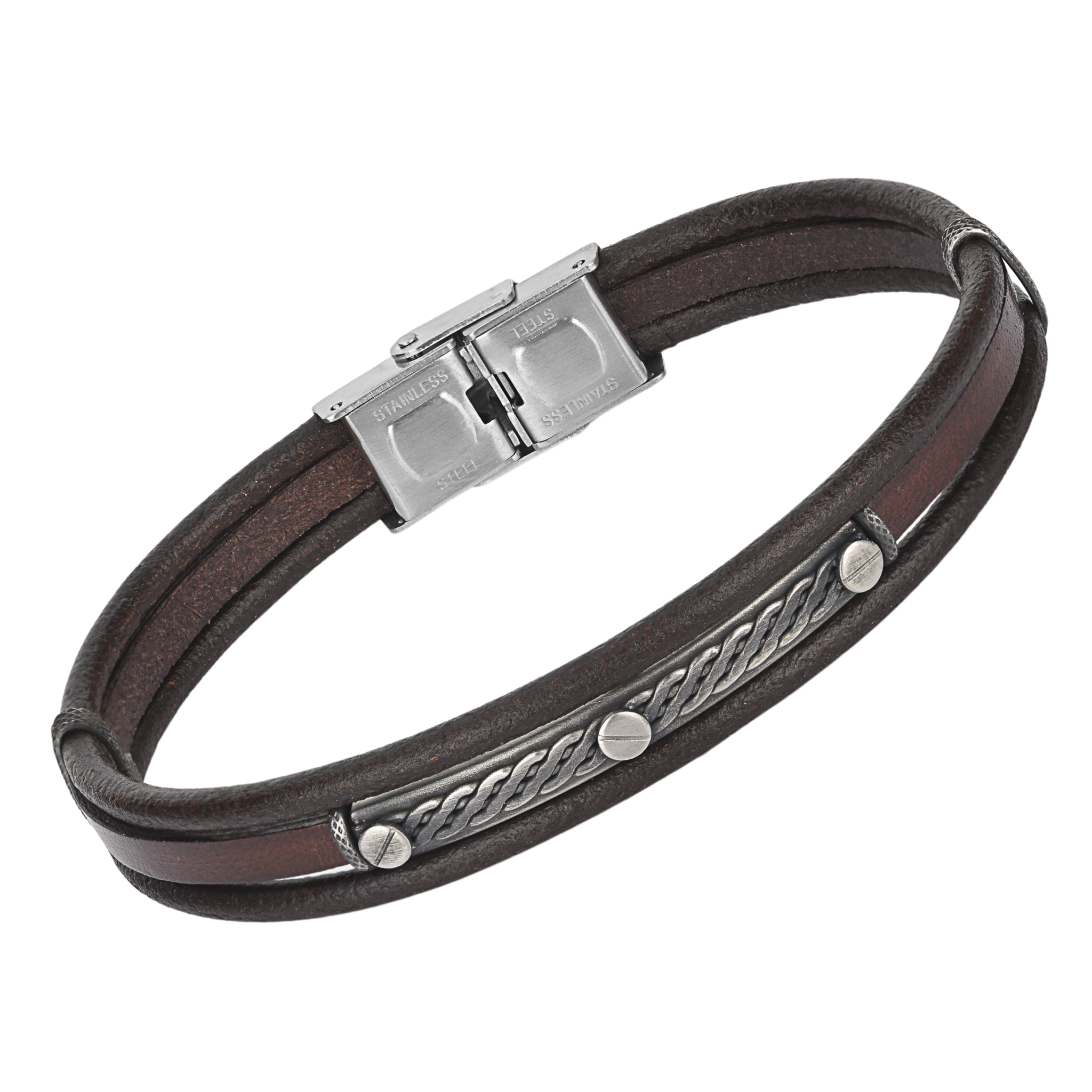 Bracciale in acciaio e cuoio marrone con piastra e semilavorati bruniti