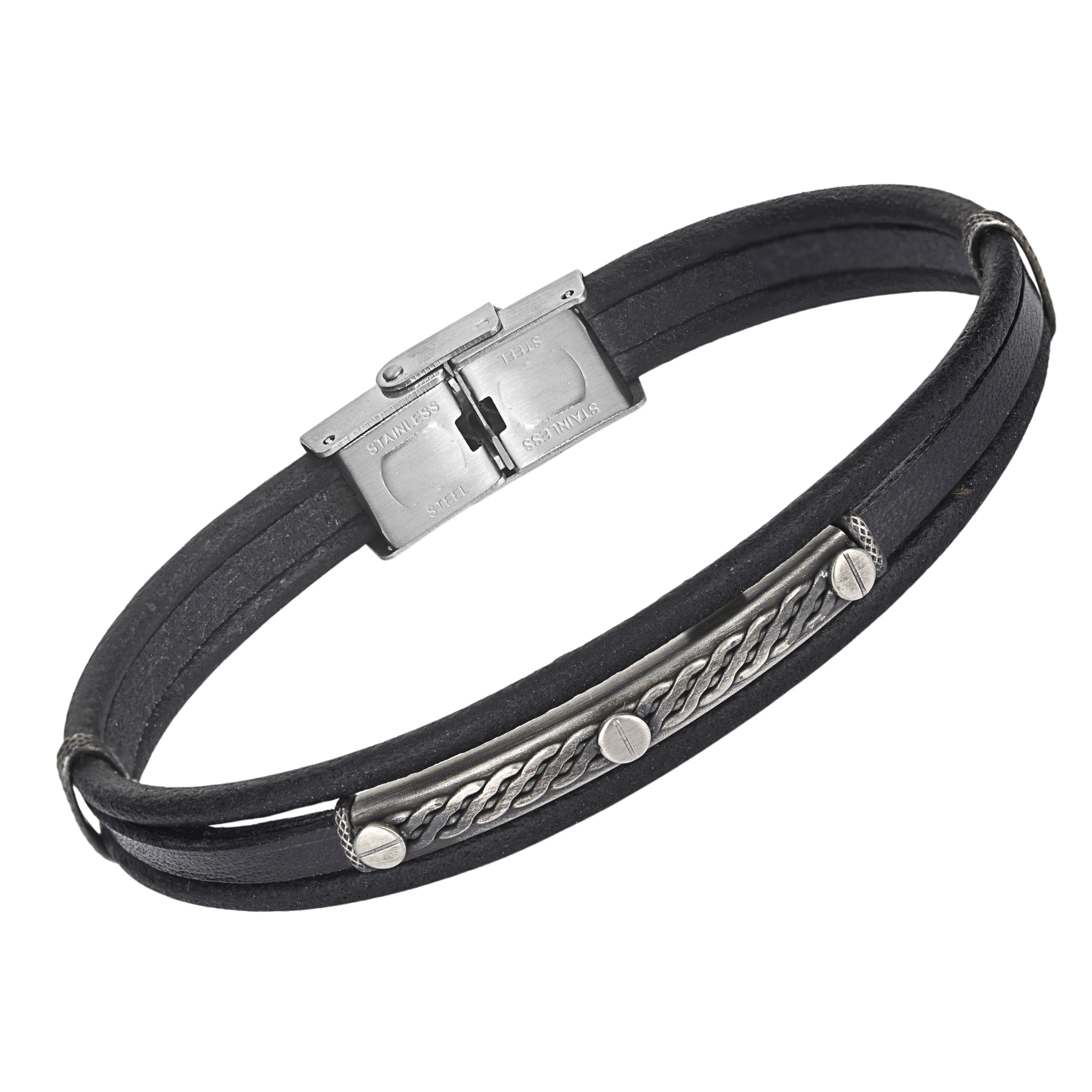 Bracciale in acciaio e cuoio nero con piastra e semilavorati bruniti