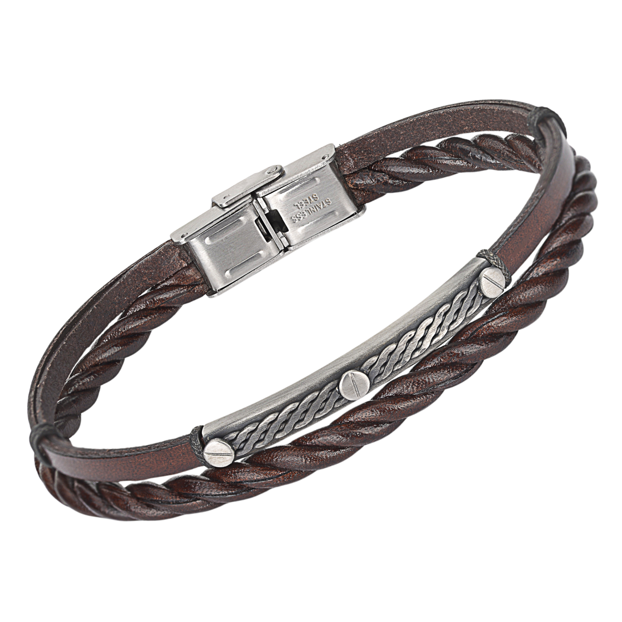 Bracciale in acciaio e cuoio marrone intrecciato con piastra nera e semilavorati bruniti