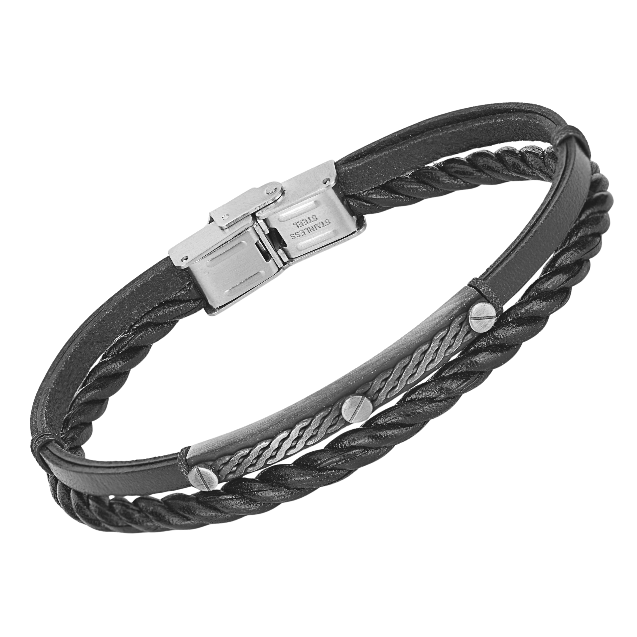 Bracciale in acciaio e cuoio nero intrecciato con piastra nera e semilavorati bruniti