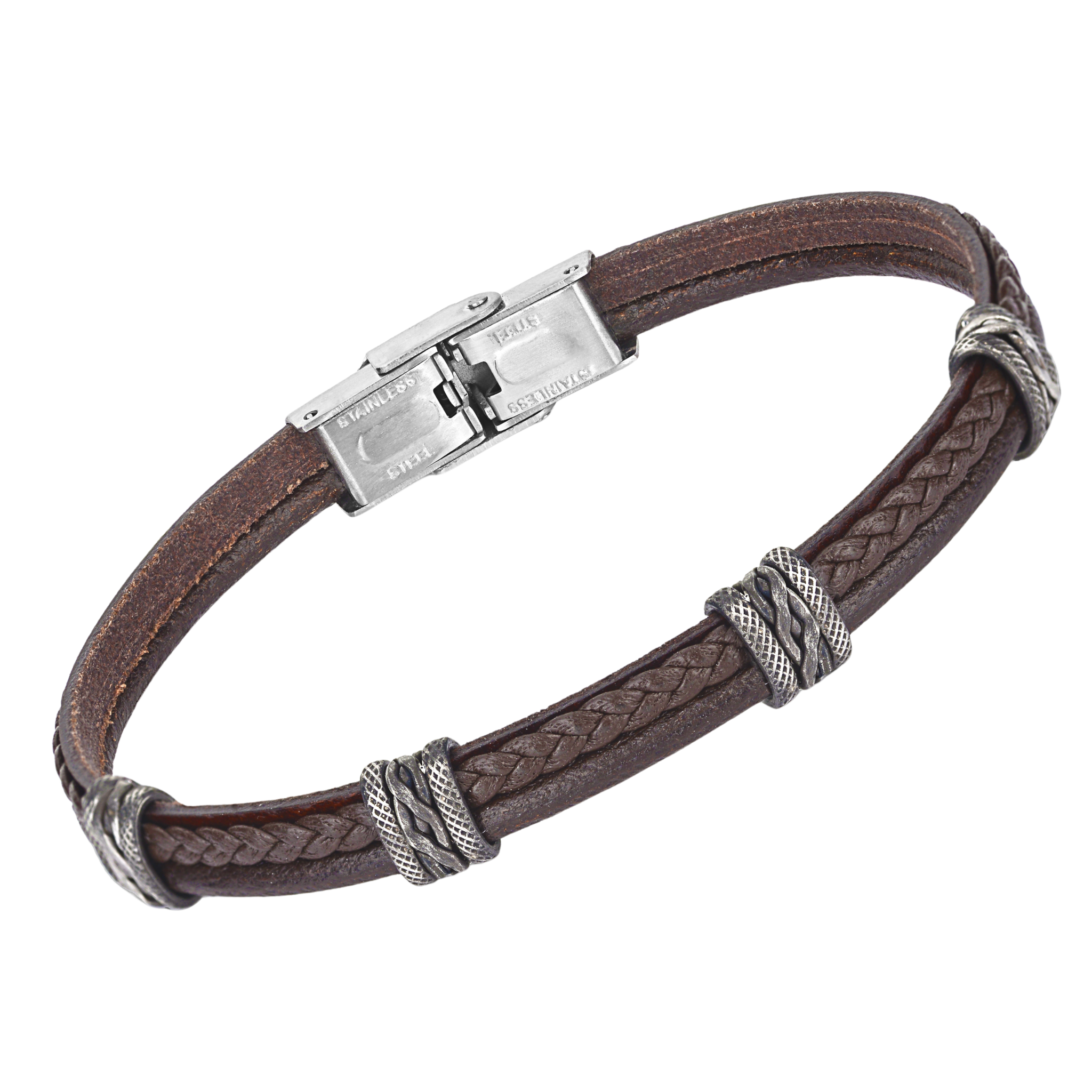 Bracciale in acciaio e cuoio marrone intrecciato con semilavorati bruniti