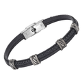 Bracciale in acciaio e cuoio nero intrecciato con semilavorati bruniti