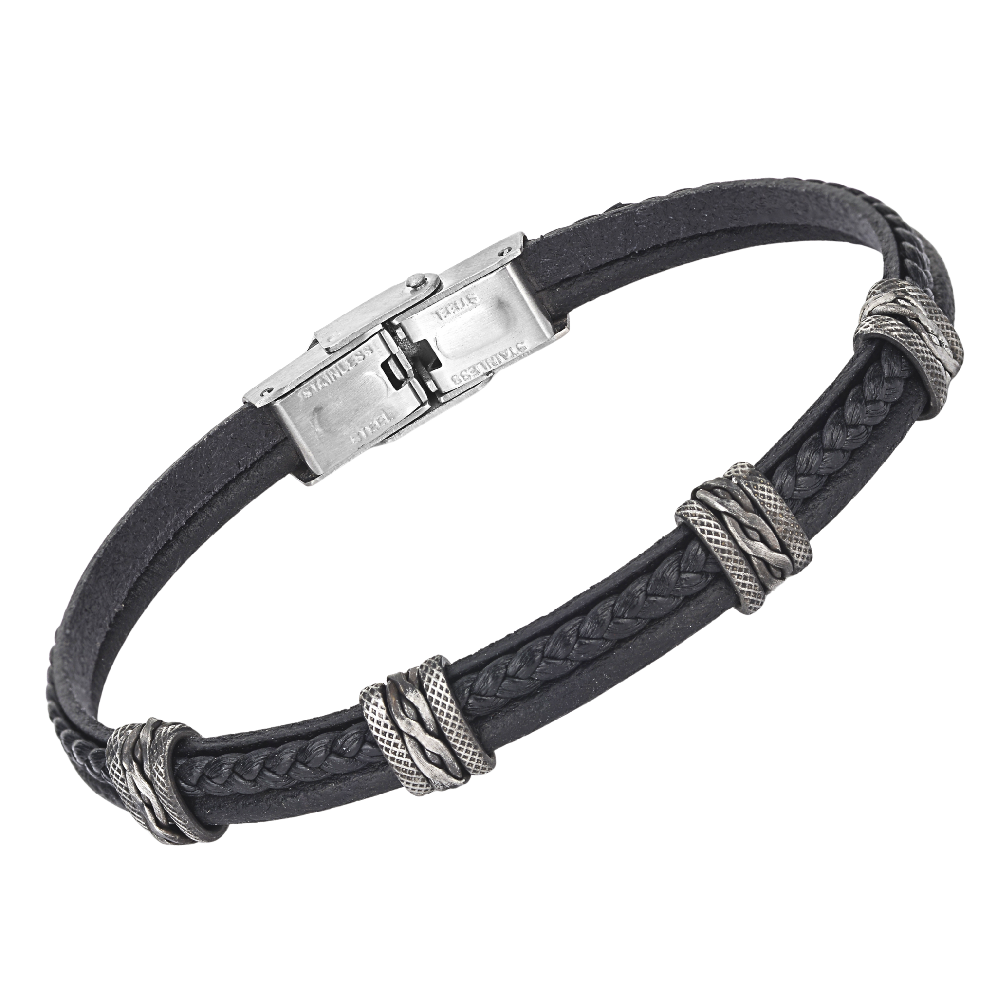 Bracciale in acciaio e cuoio nero intrecciato con semilavorati bruniti