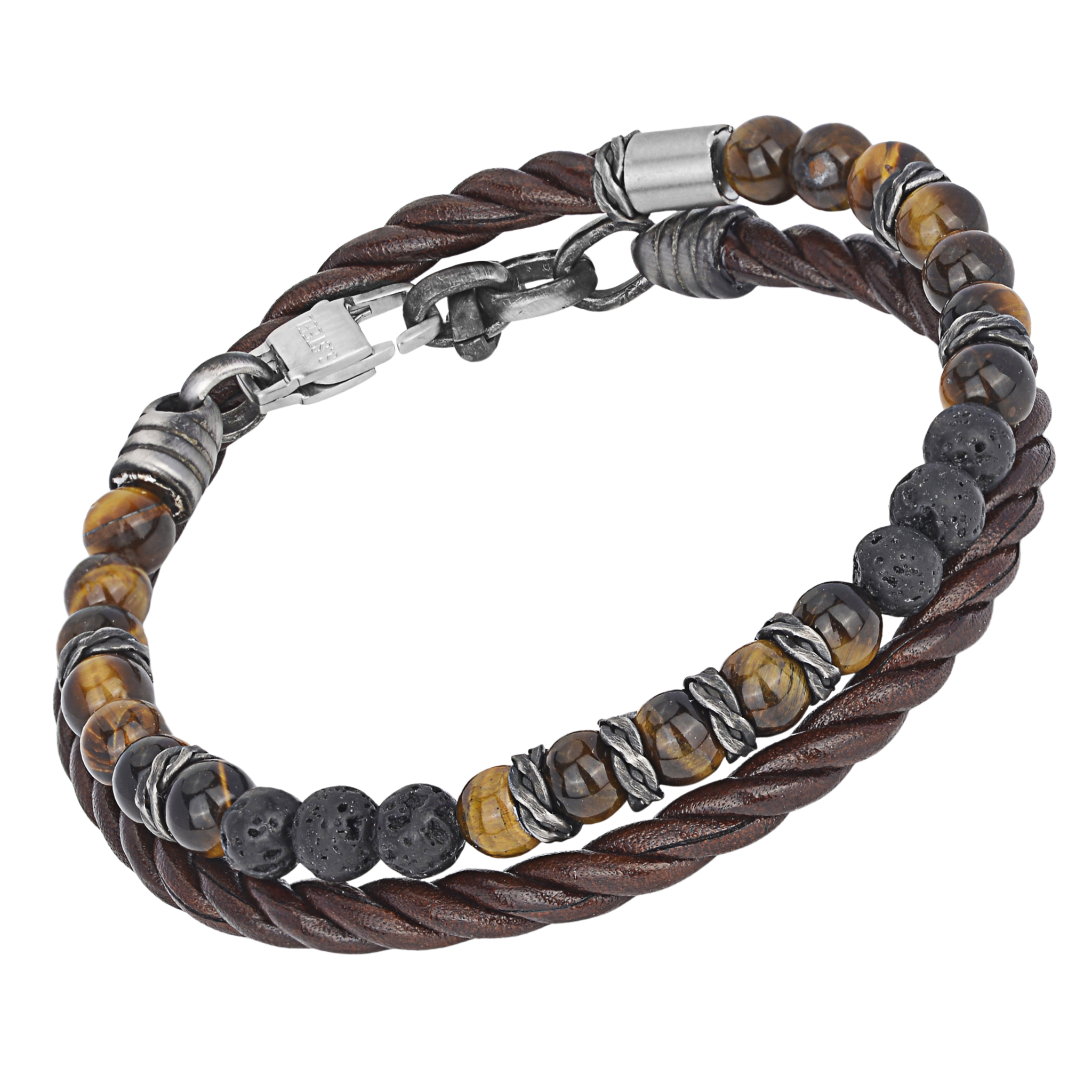 Bracciale in acciaio con pietre naturali Occhio di Tigre, pietra Lavica e cuoio marrone intrecciato