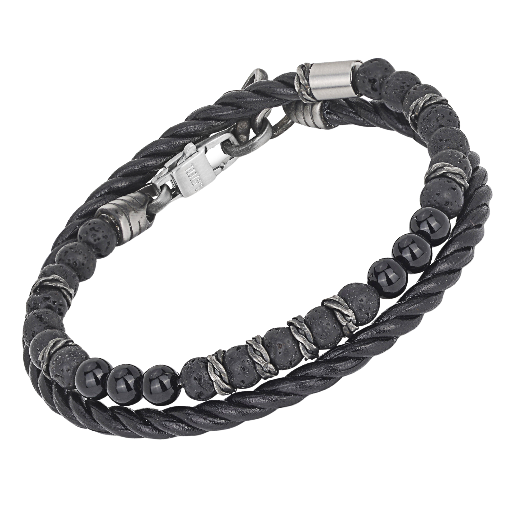 Bracciale in acciaio con pietre naturali Onice, pietra Lavica e cuoio nero intrecciato
