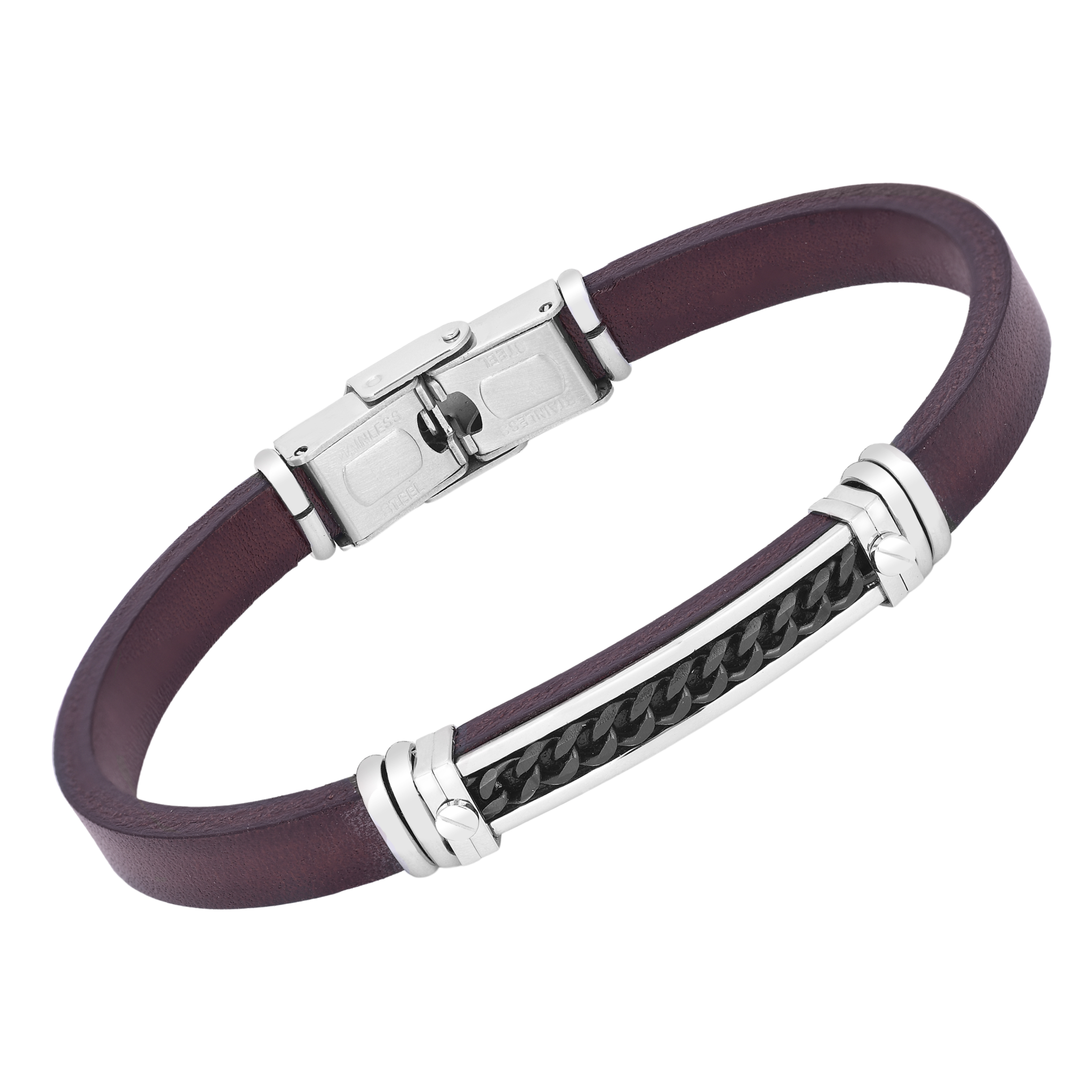 Bracciale in acciaio e cuoio marrone con piastra e catena