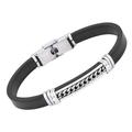 Bracciale in acciaio e cuoio nero con piastra e catena