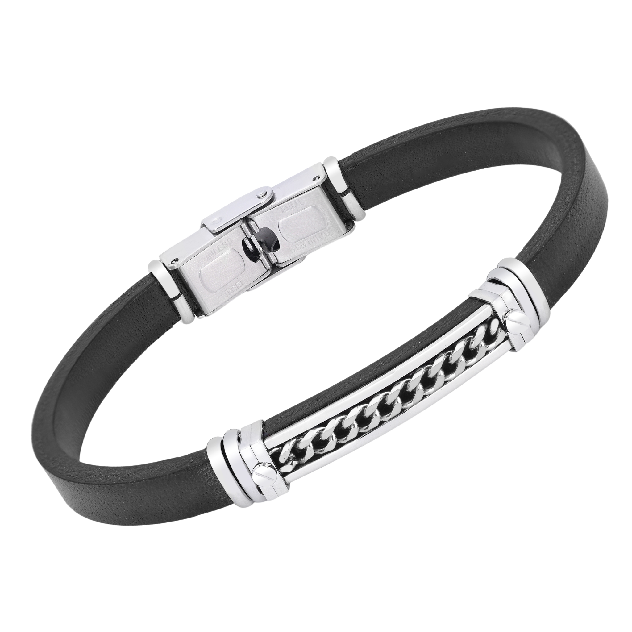 Bracciale in acciaio e cuoio nero con piastra e catena