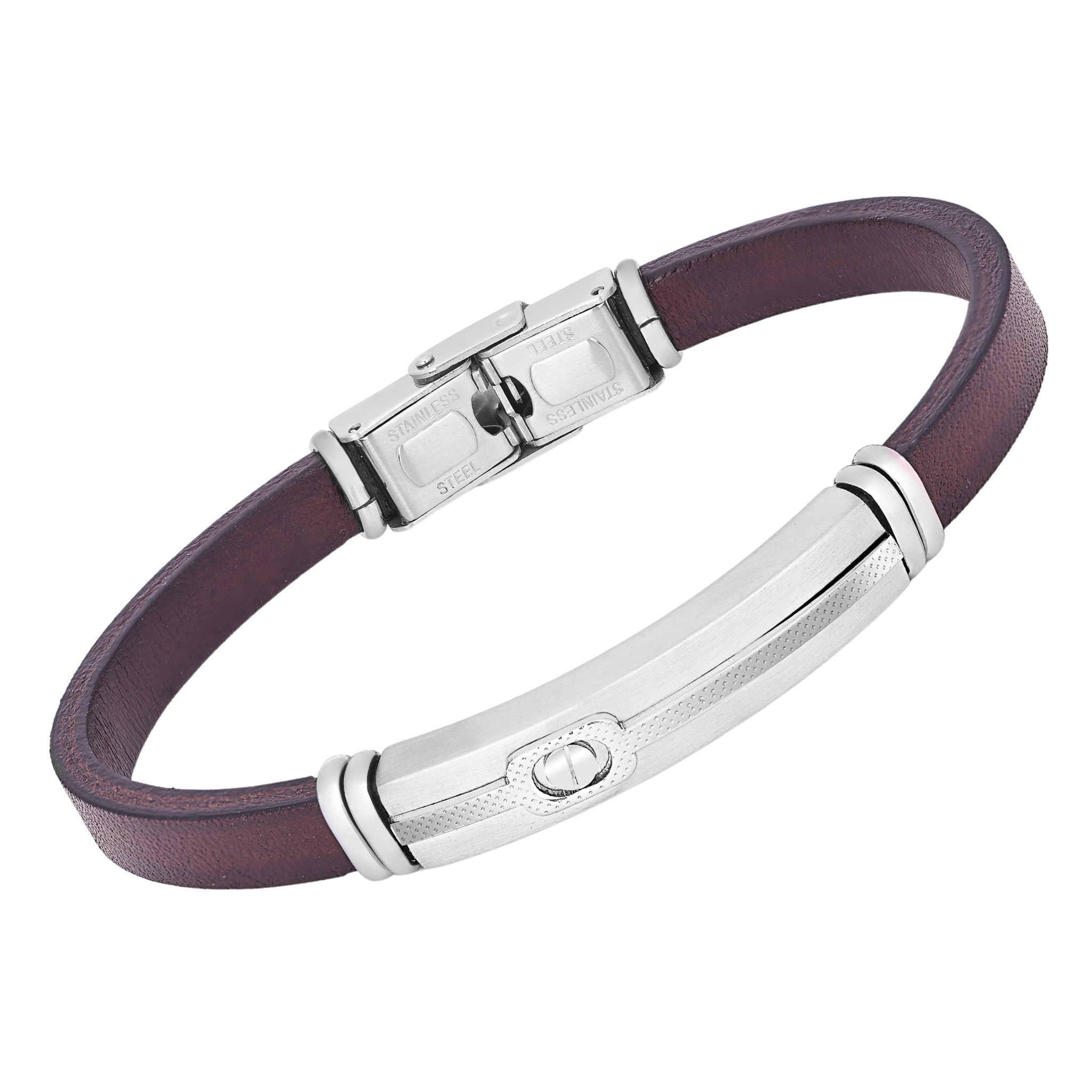 Bracciale in acciaio e cuoio marrone con piastra e vite