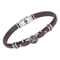 Bracciale in acciaio e cuoio marrone con rosa dei venti in PVD nero