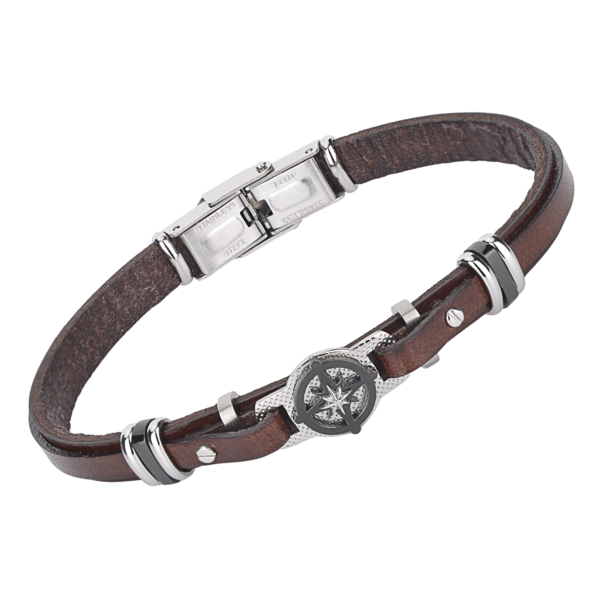 Bracciale in acciaio e cuoio marrone con rosa dei venti in PVD nero