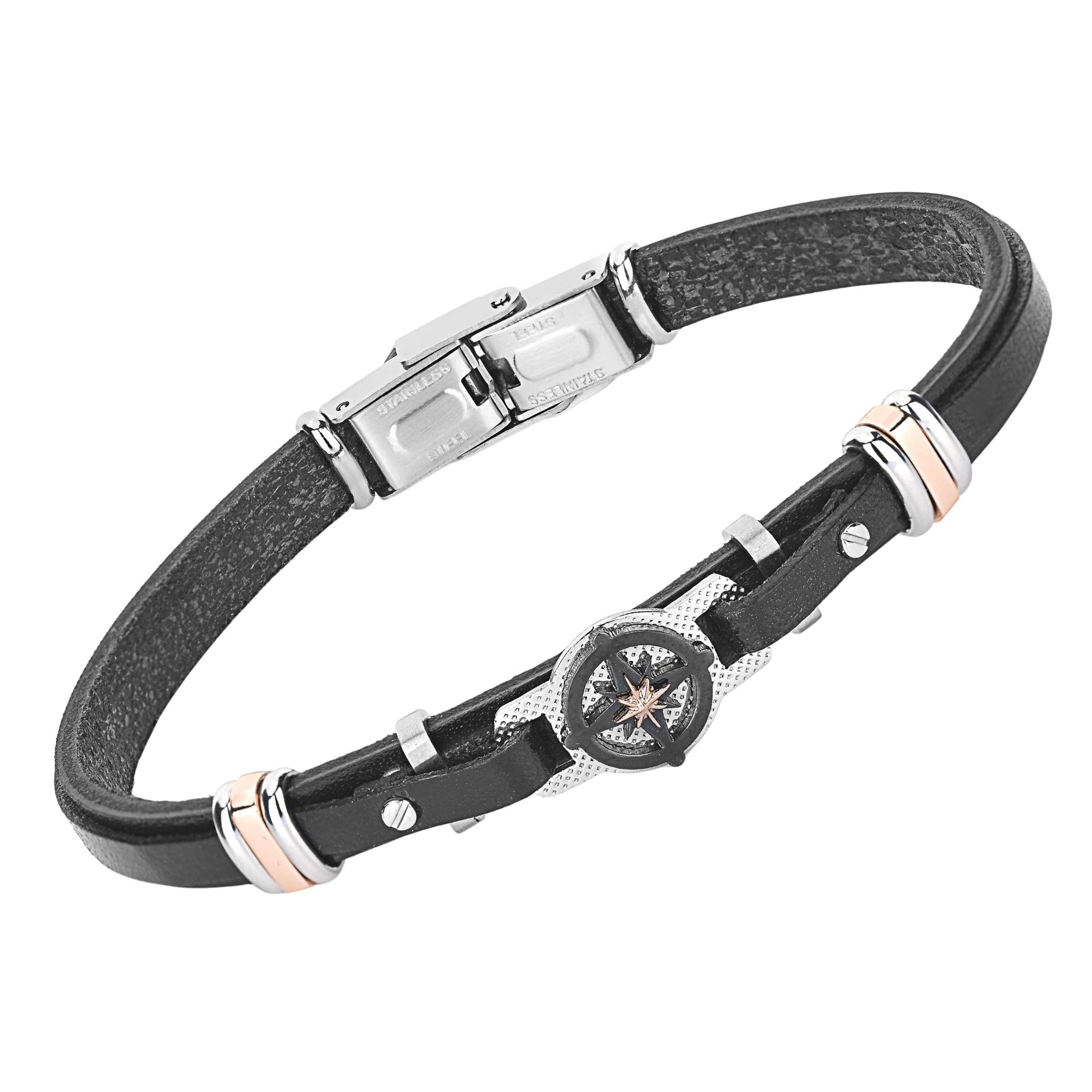 Bracciale in acciaio e cuoio nero con rosa dei venti in PVD nero